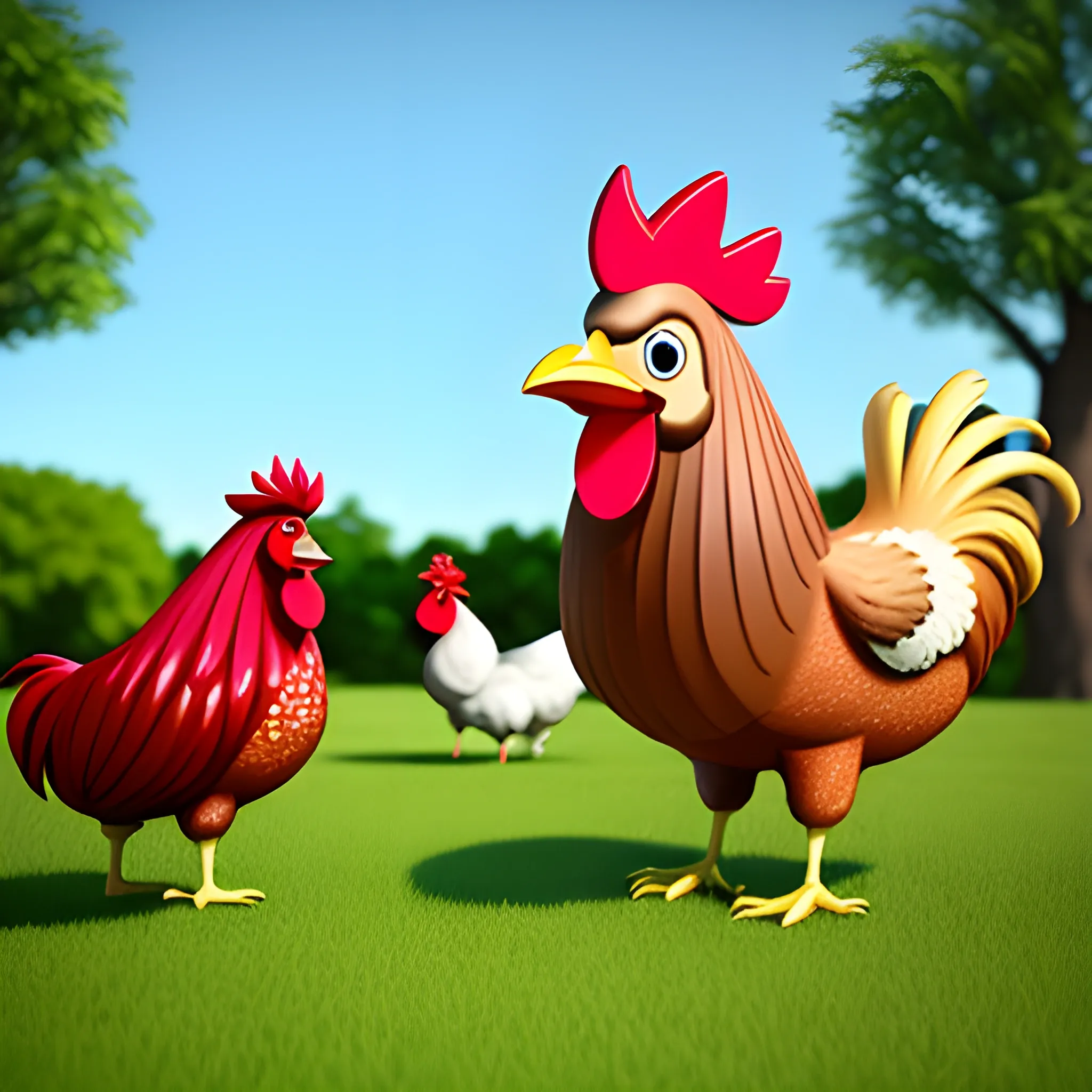 rooster chasing chickens, 3D, Cartoon