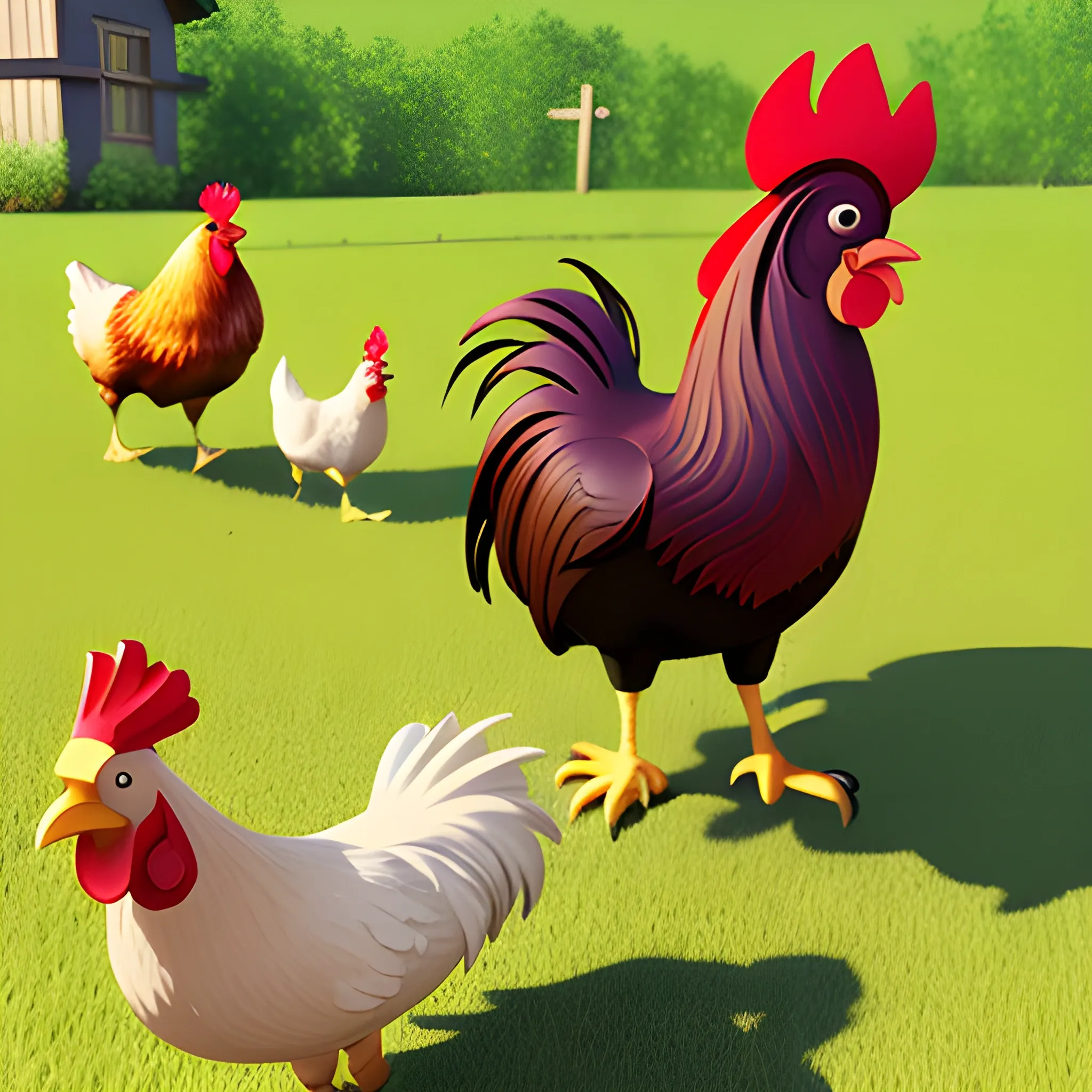rooster chasing chickens, 3D, Cartoon