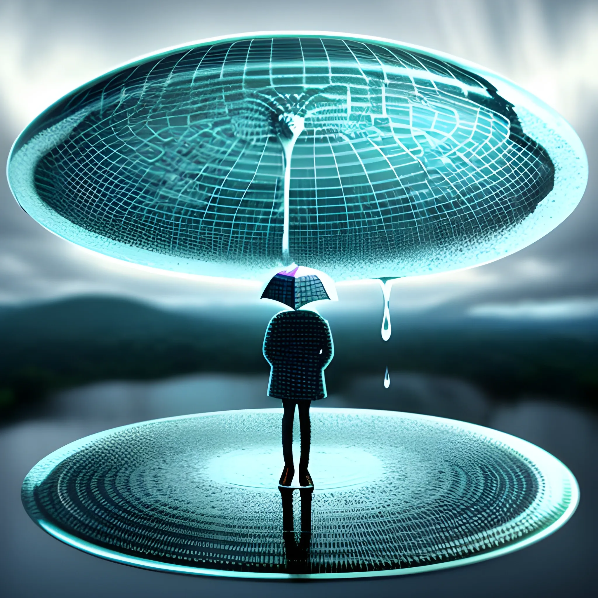 , 3D, Trippy, giant person stepping over a rain drop where an entire world of possibilities lives. ultrarealistic 