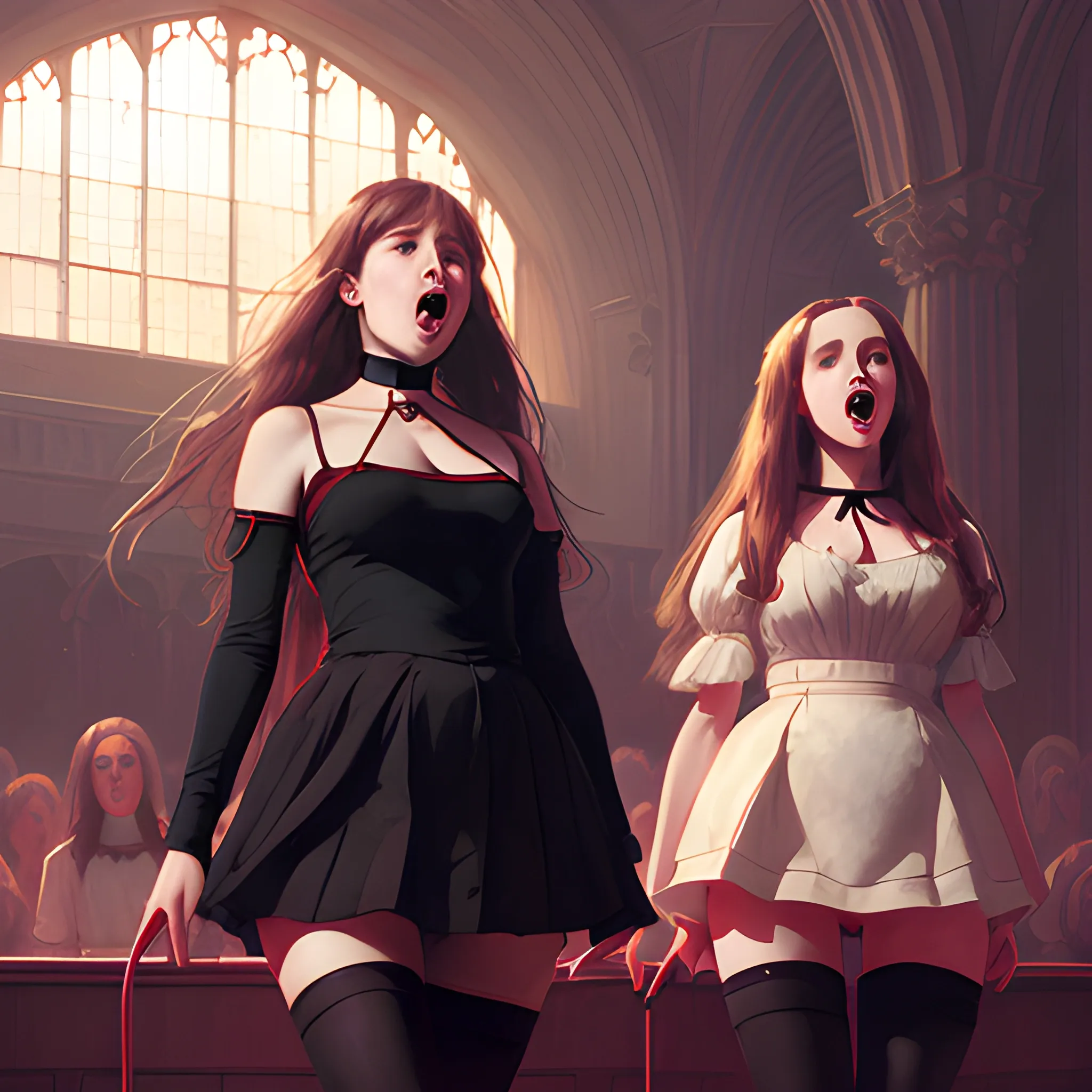 two classical female choristers, full figure, miniskirt, black stockings, choker, long hair, classy,  realistic face,  open mouth, singing, Greg Rutkowski art, warm colors, red stage illumination