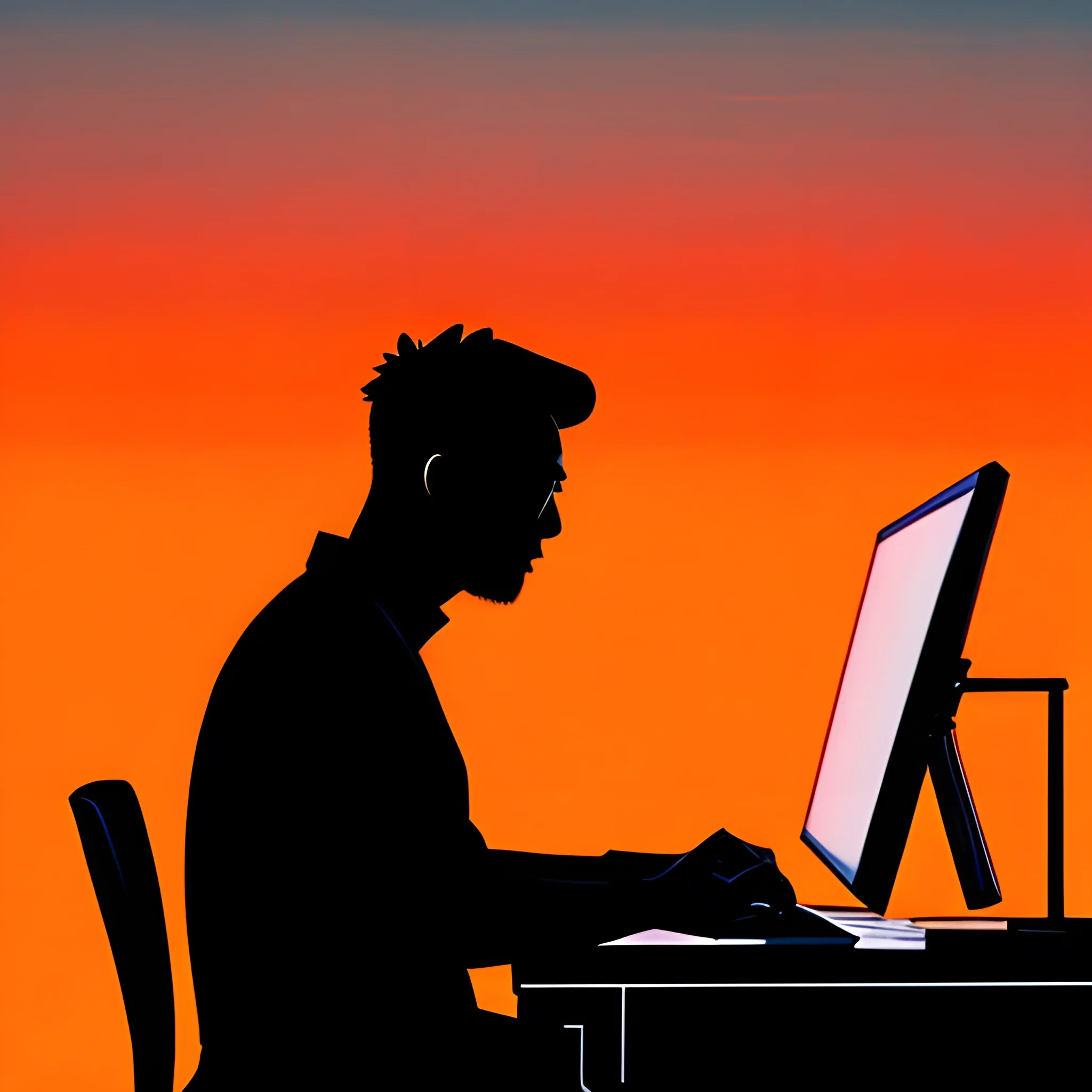 The silhouette of a Chinese boy, crouching on the computer desk and writing code, with a bright backdrop.