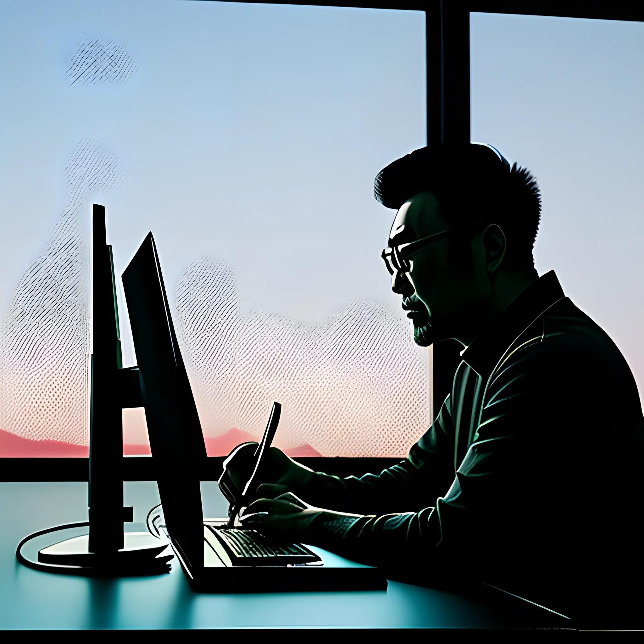 The silhouette of a Chinese boy, crouching on the computer desk and writing code, with a bright backdrop.