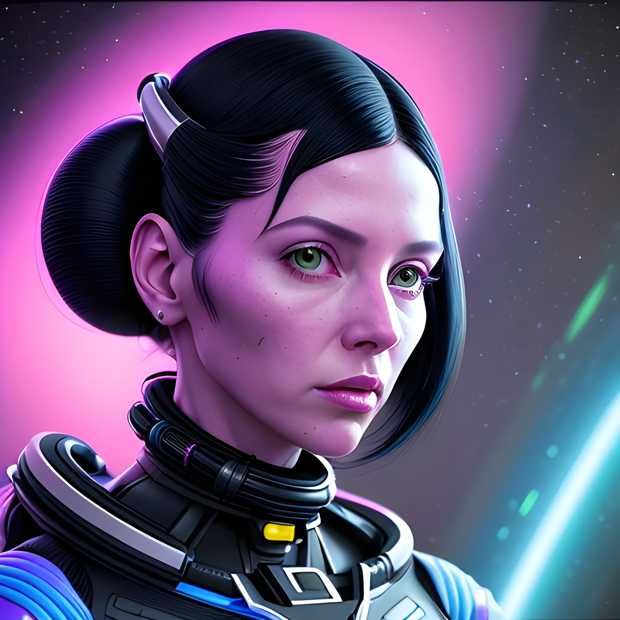  sci-fi portrait of a woman :: 35 years old :: black hair:: alien spacesuit:: hyper detail:: quality 8K:: style realism--230:: sharp focus:: color blue and fuchsia--0.8 ::daytime soft lighting:: masterpiece, 3D, Cartoon