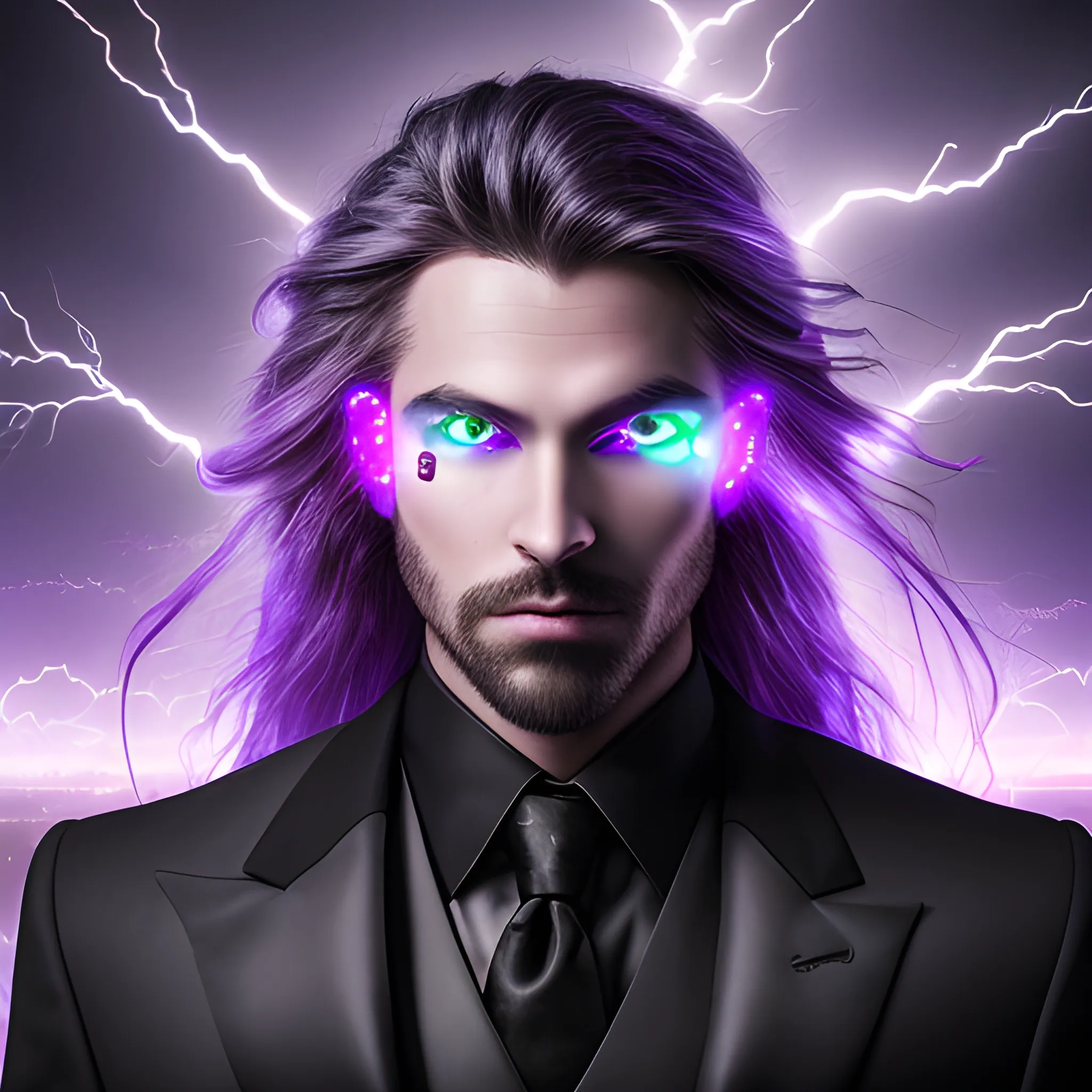 a portrait of a man, whose eyes are lights up, long hair, background lightnings, smog, fantasy, black suit has lights, the purple is dominant