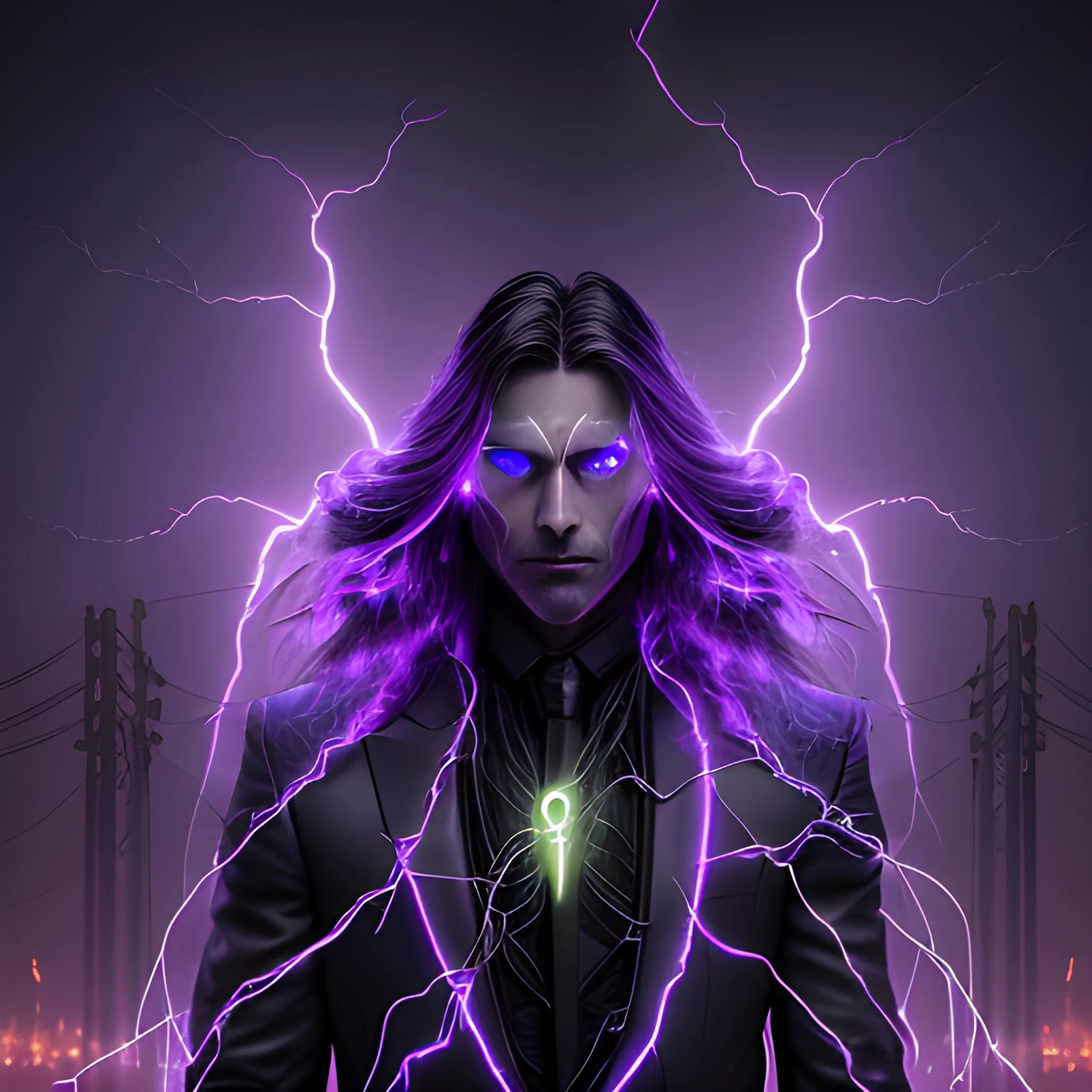 a portrait of a man, glowing eyes, long hair, background lightnings, smog, fantasy, black suit and glowing lights on it, the purple is dominant, elegant, hyperrialistic, ultra detailed, filigree, cable electric wires, feathers, 