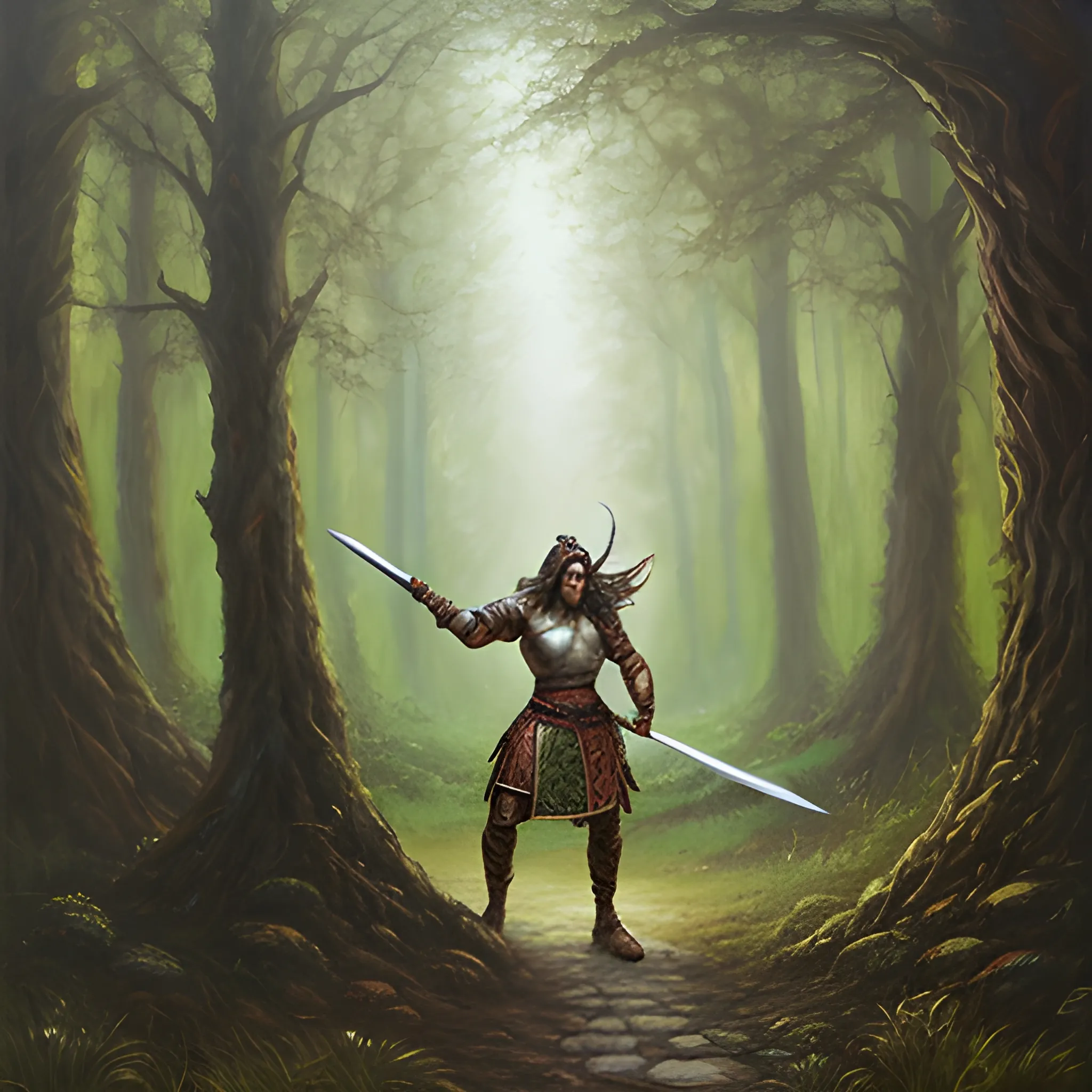 a warrior wielding a magic sword in the woods, fantasy art style, Oil Painting