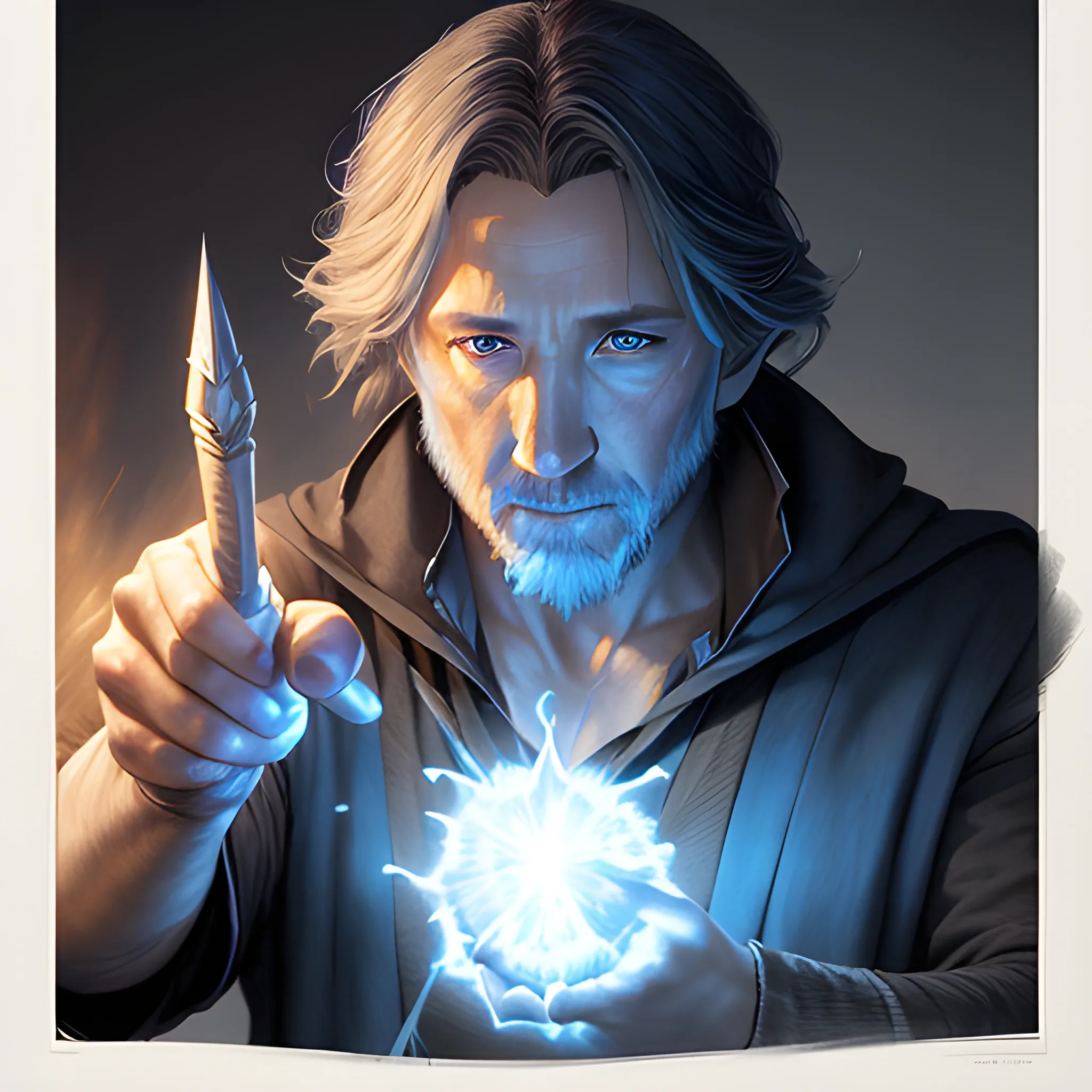 a male wizard casting a blue fireball | | pencil sketch, realistic shaded, fine details, realistic shaded lighting poster by greg rutkowski, magali villeneuve, artgerm, jeremy lipkin and michael garmash and rob rey 