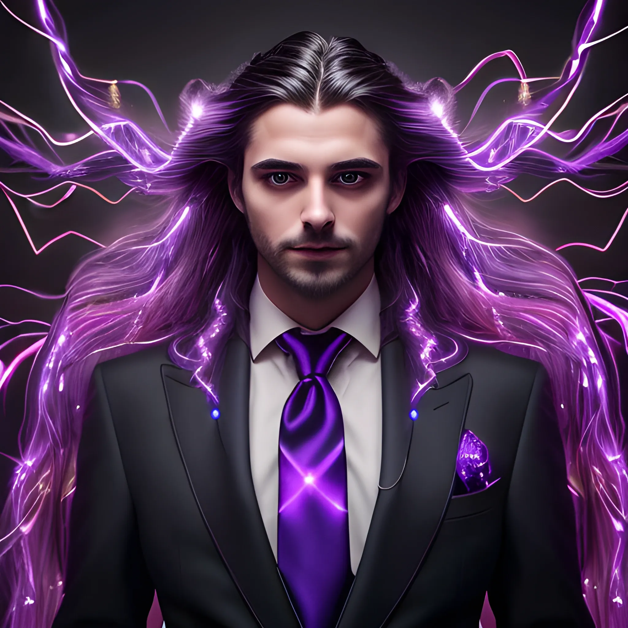a portait of a man, glowing details, long hair, elegant, dark background, vibrant details, suit, glowing tie, purple dominate, cable electric wires, black feathers, vibrant details, fantasy, energy