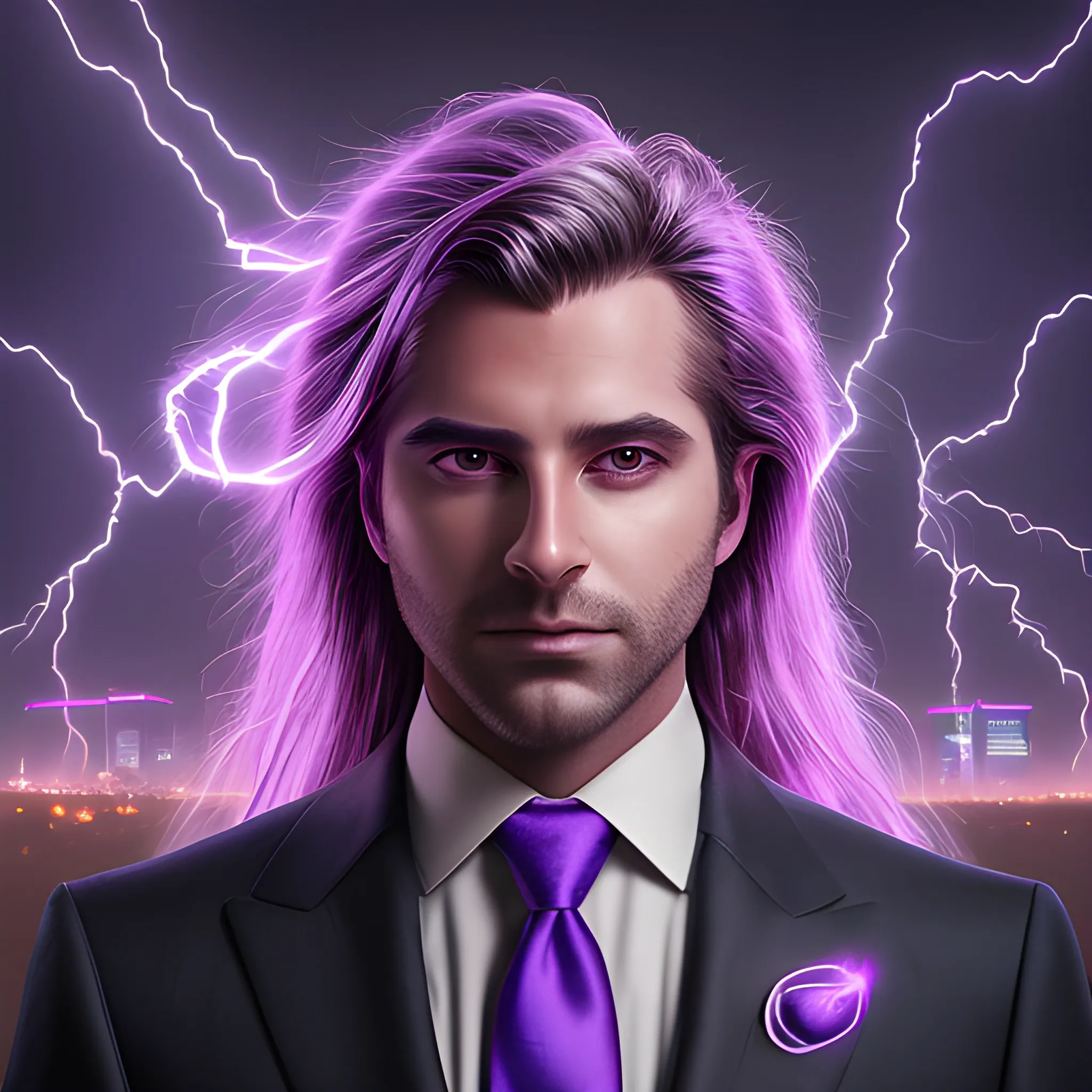 a portrait of a man, glowing eyes, long hair, background lightnings, smog, the purple is dominant, elegant, suit, glowing tie, hyperrialistic, ultra detailed, filigree, cable electric wires, feathers,