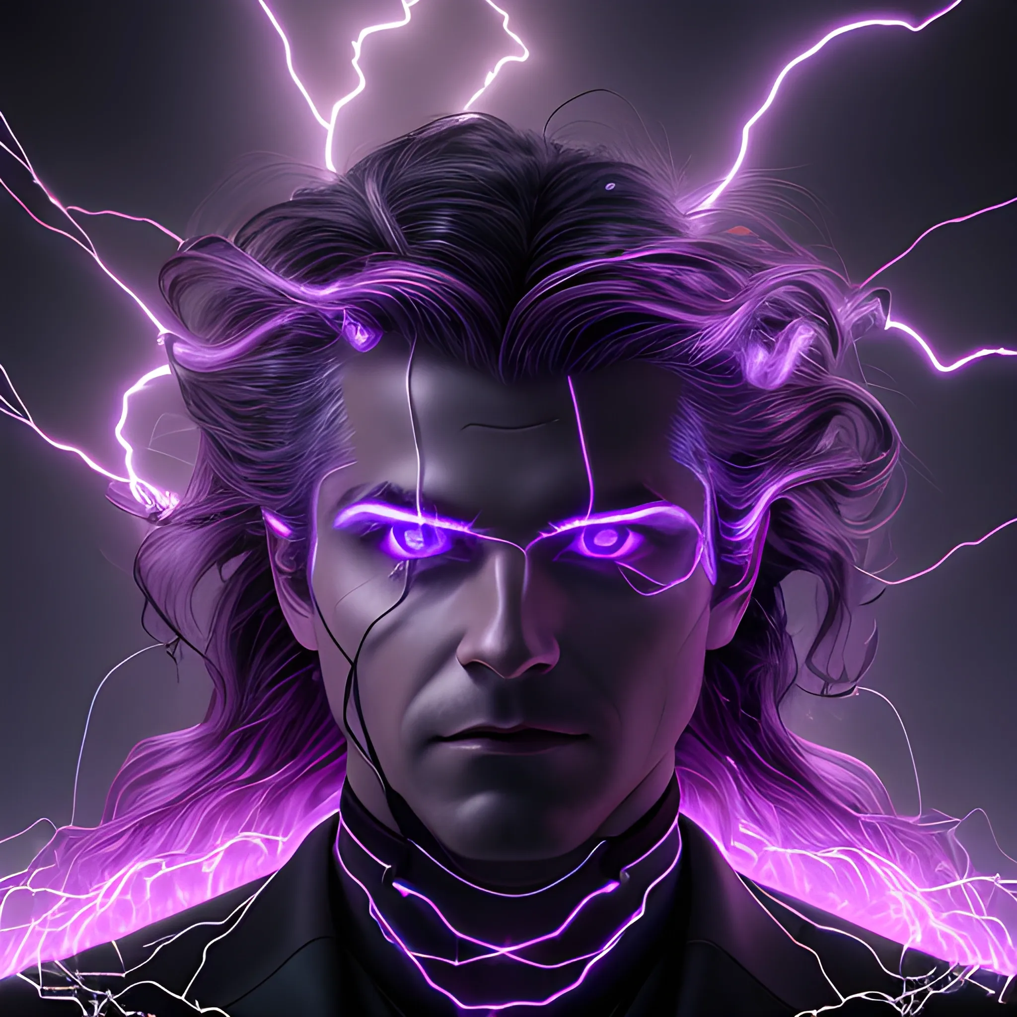 a portrait of a man, glowing eyes, long hair, background lightnings, smog, fantasy, black suit and glowing lights on it, the purple is dominant, elegant, hyperrialistic, ultra detailed, filigree, cable electric wires, black feathers,