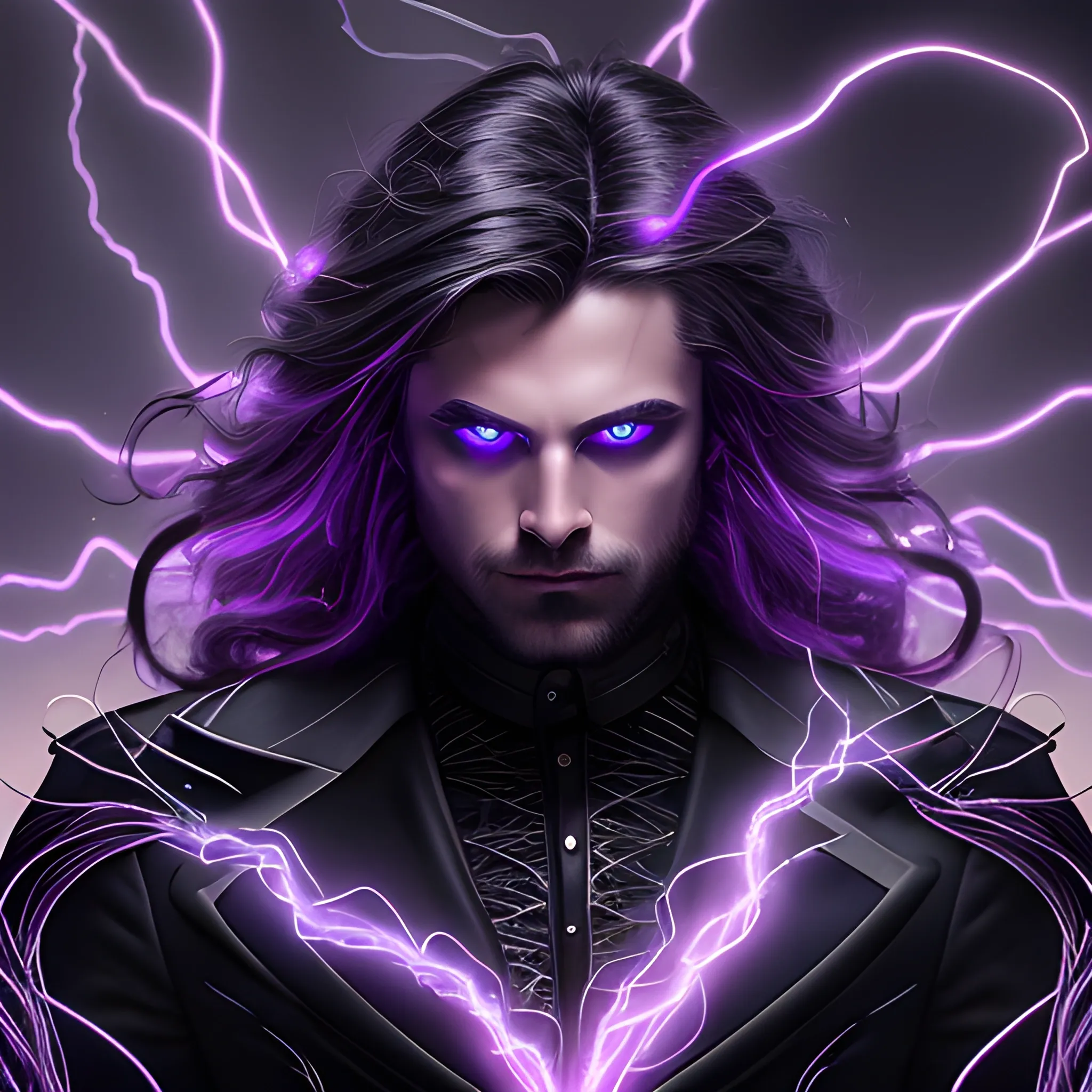 a portrait of a man, glowing eyes, long hair, background lightnings, smog, fantasy, black suit and glowing lights on it, the purple is dominant, elegant, hyperrialistic, ultra detailed, filigree, cable electric wires, black feathers,