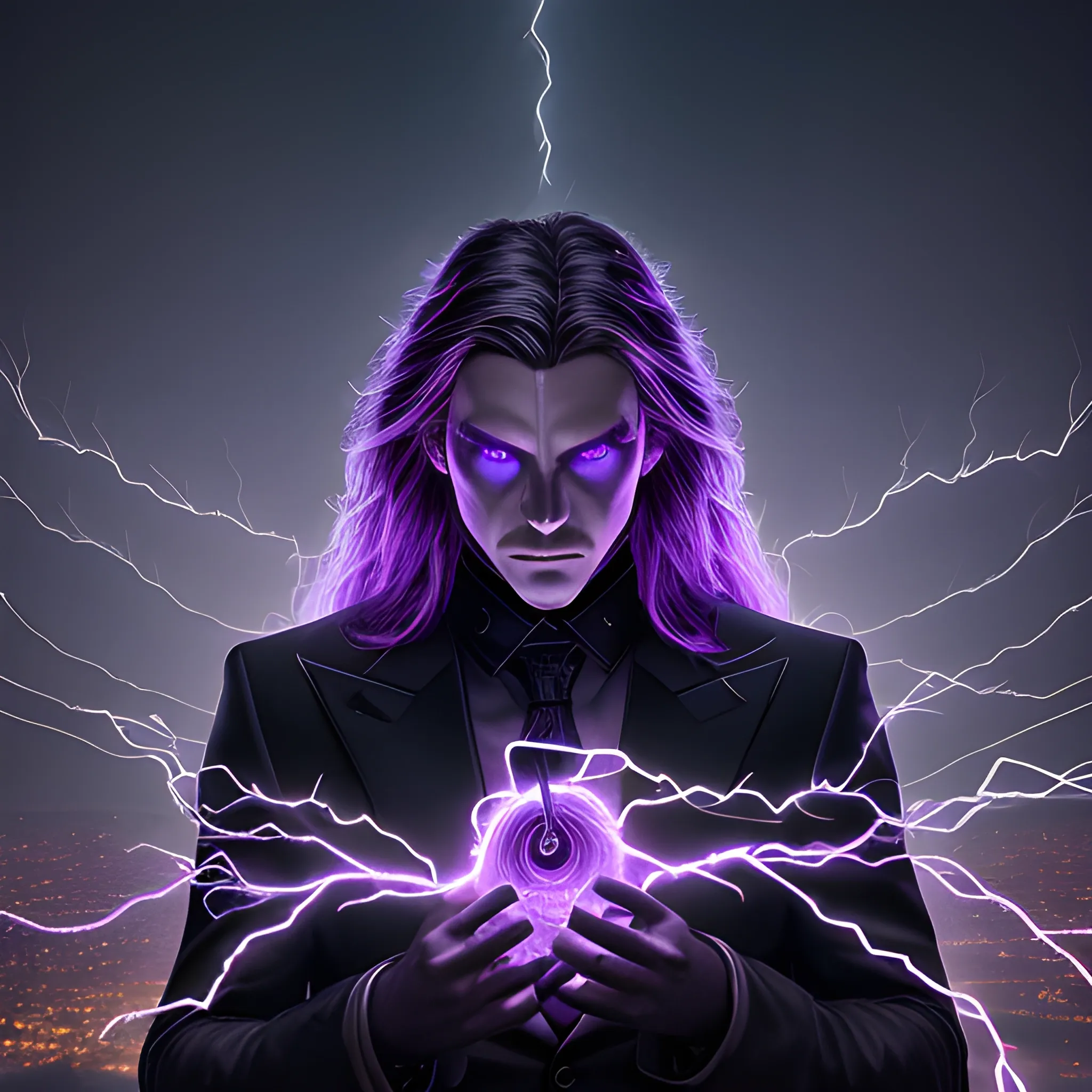 a portrait of a man, glowing eyes, long hair, background lightnings, smog, fantasy, black suit and glowing lights on it, the purple is dominant, elegant, hyperrialistic, ultra detailed, filigree, cable electric wires, feathers,