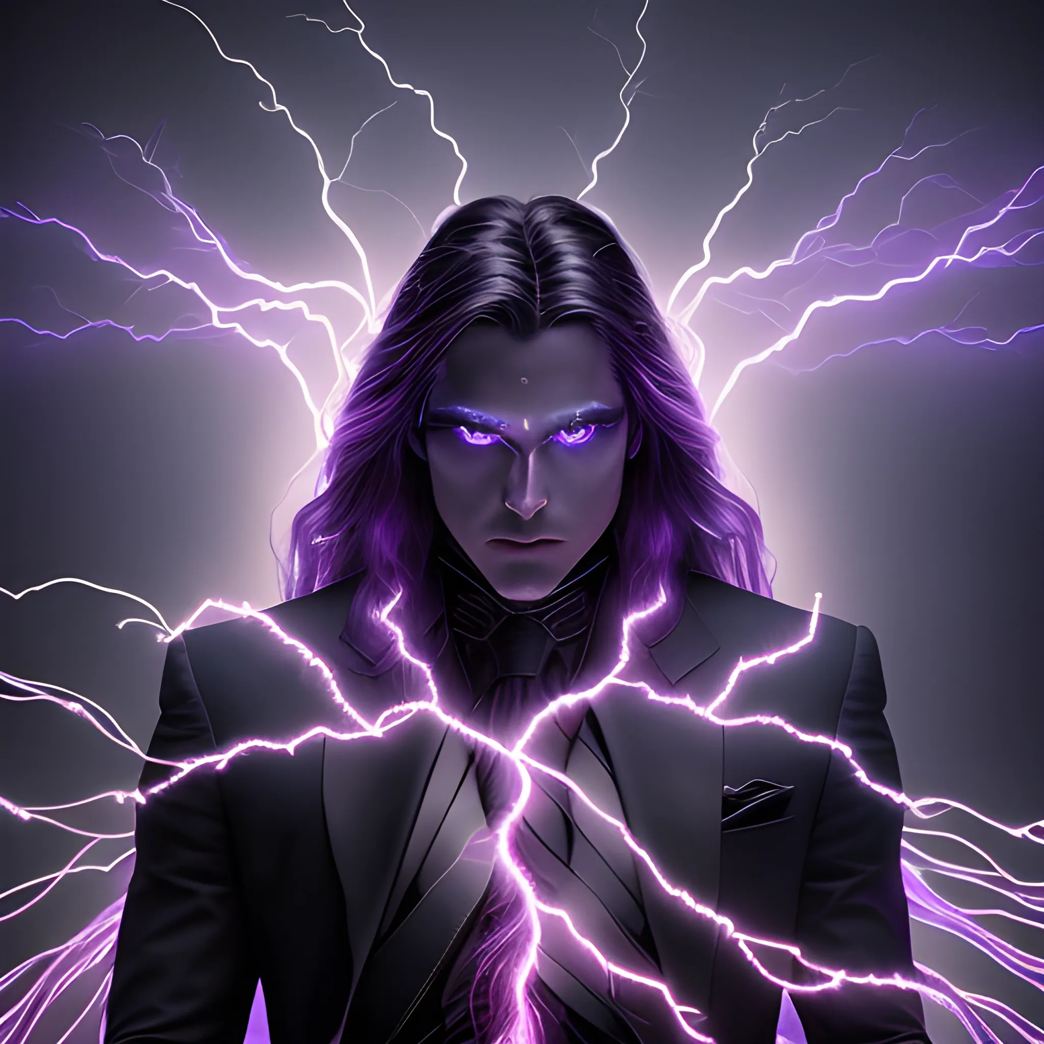 a portrait of a man, glowing eyes, long hair, background lightnings, smog, fantasy, black suit and glowing lights on it, the purple is dominant, elegant, hyperrialistic, ultra detailed, filigree, cable electric wires, feathers,