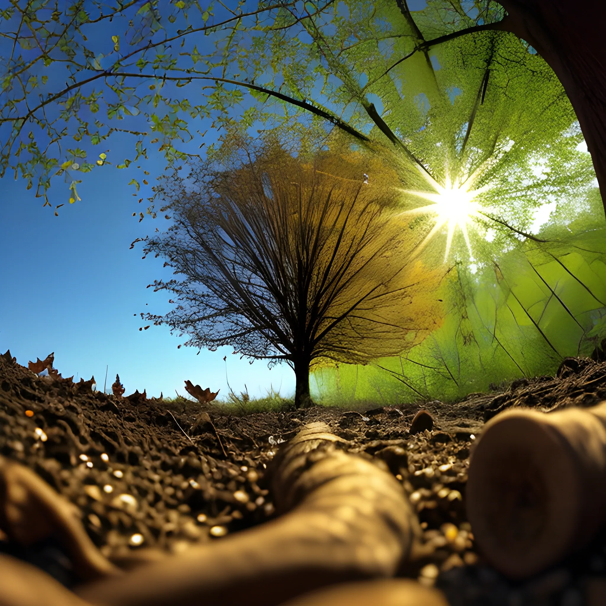 Three close low perspective close to the ground: dirt and gravel. the tree  branches are spooky and the leaves are cover the sky and sunlight come true the leaves and only 1 tree on the picture