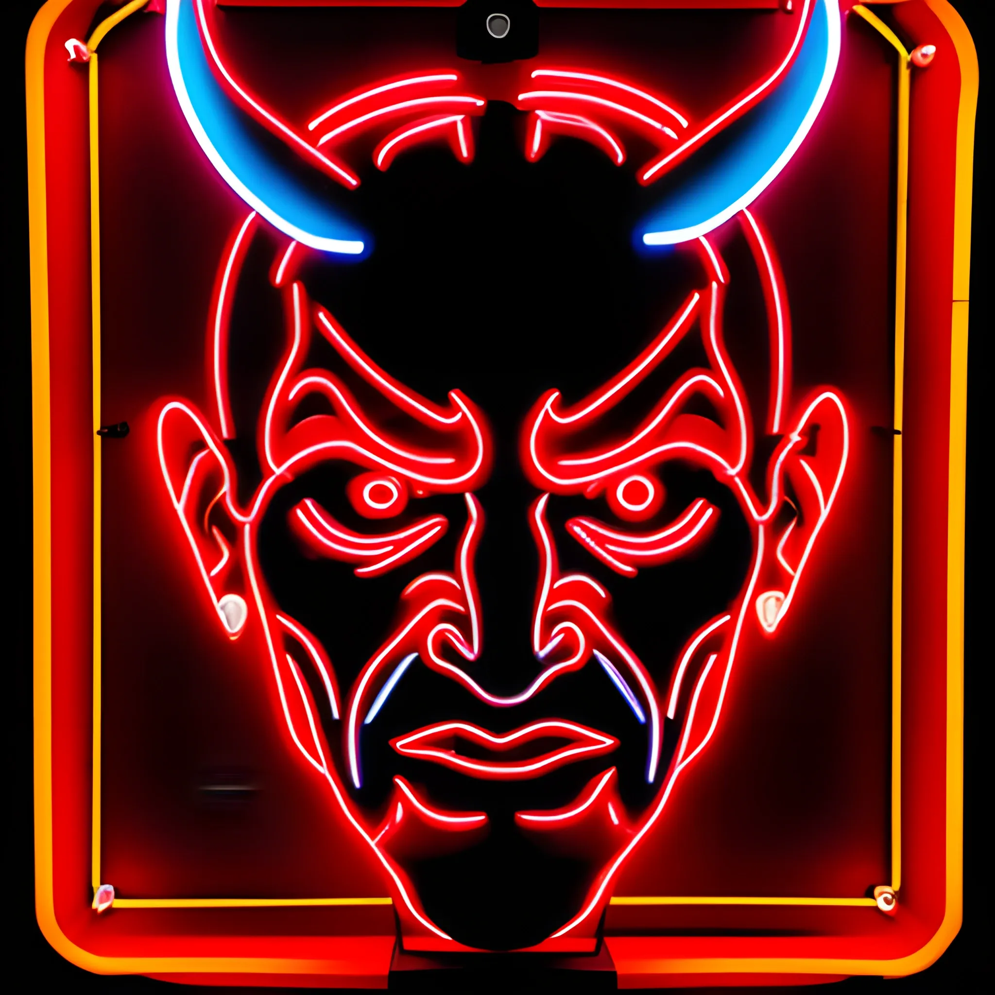 Devil face detailed on a red neon sign