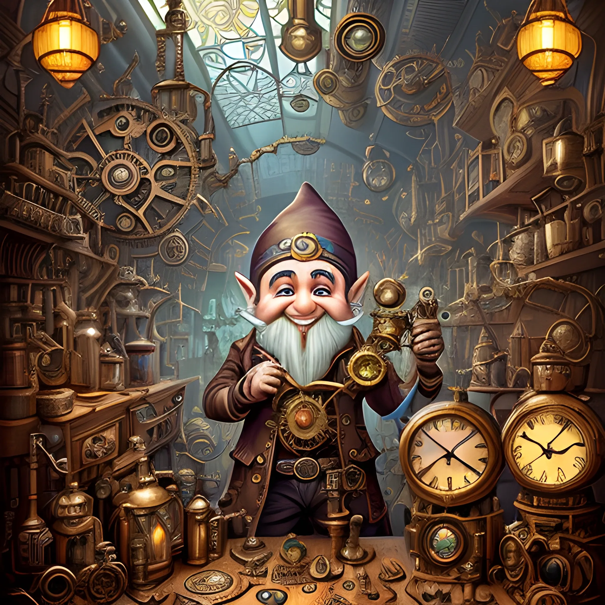 A steampunk-inspired digital illustration of a gnome inventor in a cluttered workshop, surrounded by intricate machinery and gears. The camera angle is a medium shot, capturing the gnome's enthusiastic expression as he tinkers with a fantastical contraption. The lighting is warm and atmospheric, with rays of sunlight streaming through stained glass windows, casting vibrant colors and ((shadows)) across the room. The style combines elements of steampunk and clock-punk, resembling the works of Jules Verne and H.R. Giger. The image is detailed and intricate, showcasing the gnome's ingenious inventions and the mesmerizing complexity of the steampunk world. It is a visually stunning artwork that captures the imagination.