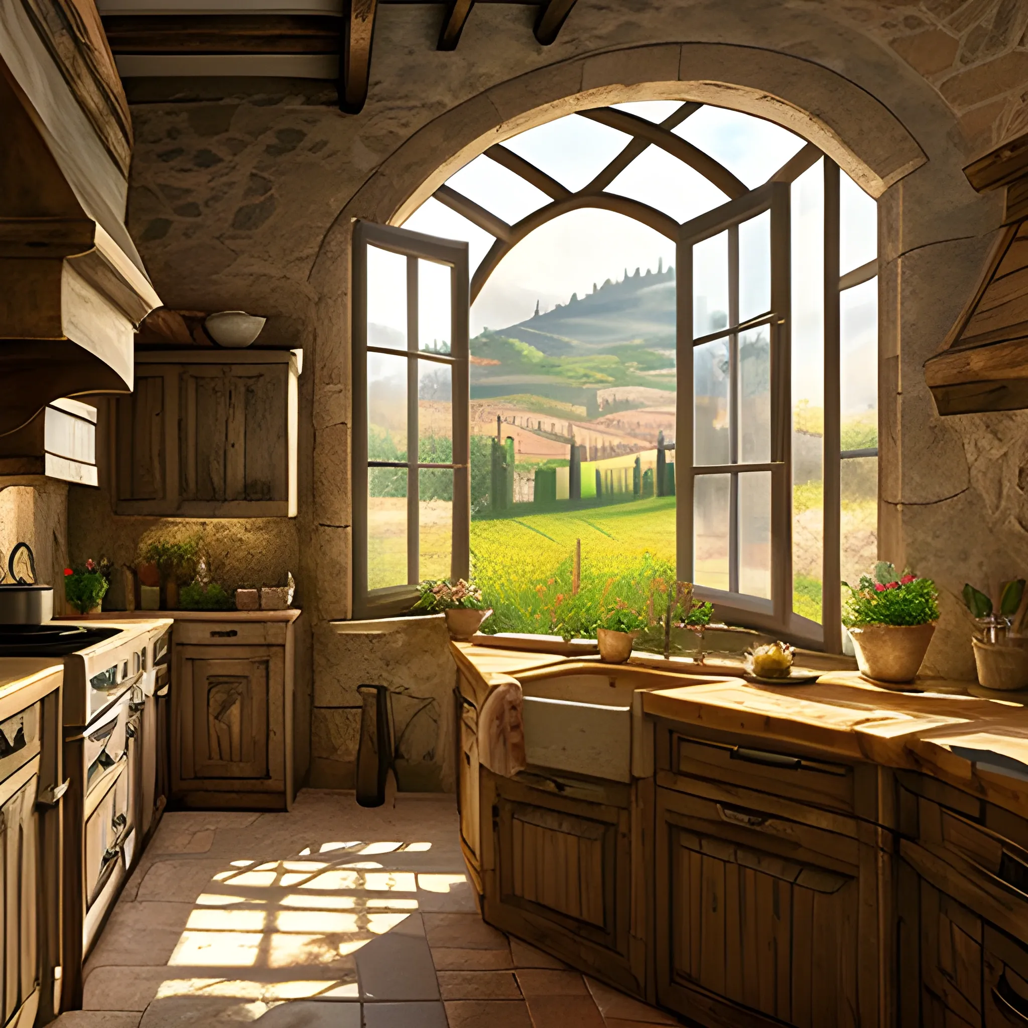 rustic oil painting, recreate a classic tuscany kitchen with a tuscan landscape window, wood furnishings, herbs hanging, light bloom, dust, ambient occlusion, rays of light coming through windows, oil painting