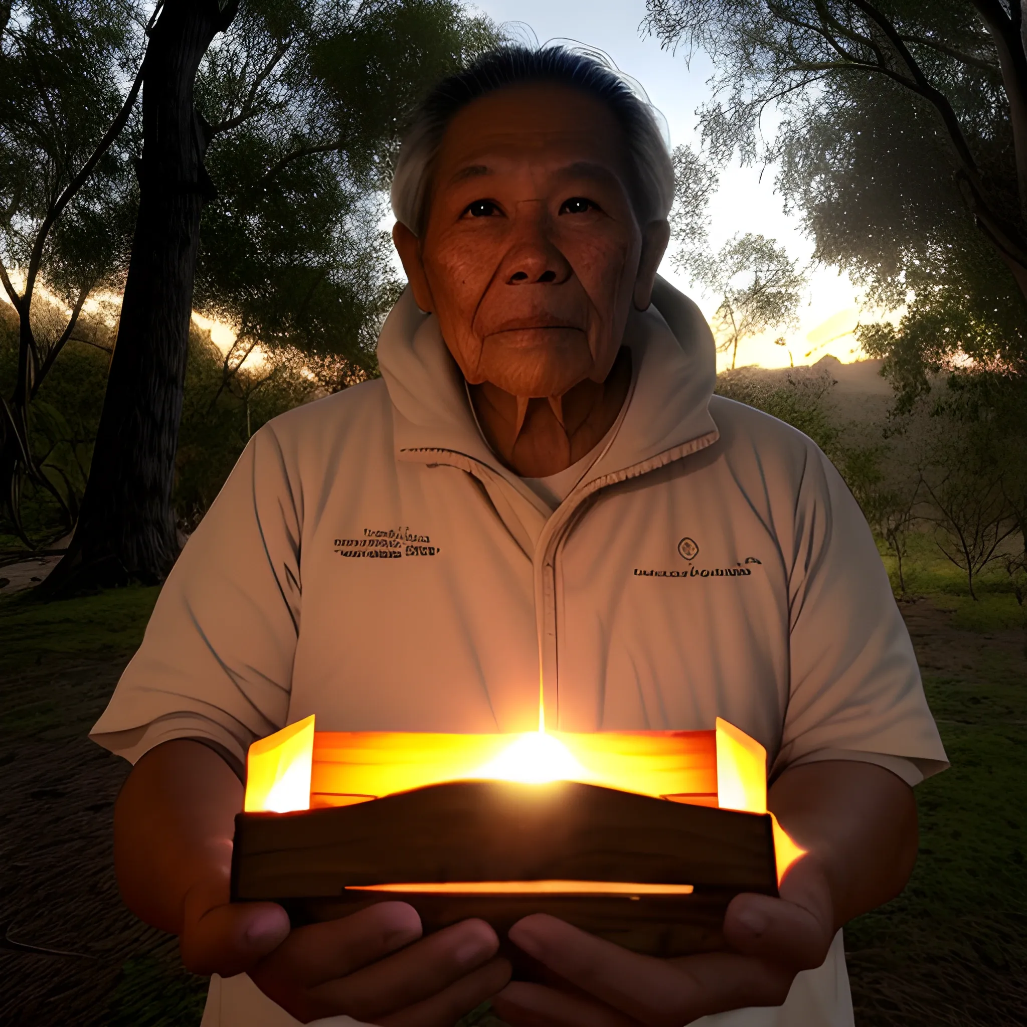 primer plano de un anciano filipino, iluminado por la luz de una fogata en un atardecer, con un fondo de bosque fuera de foco, medio cuerpo, alto nivel de detalles en las manos