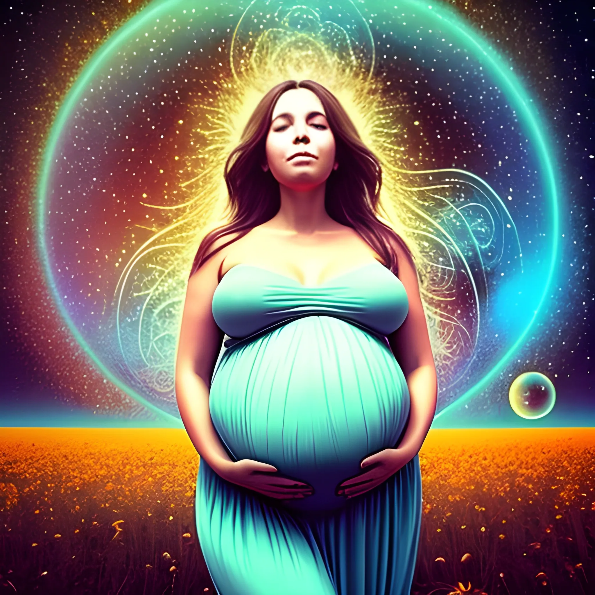 a beautiful pregnant woman with a belly that looks like the cosmos and her energy surrounding it, floating in a field of nature, Trippy