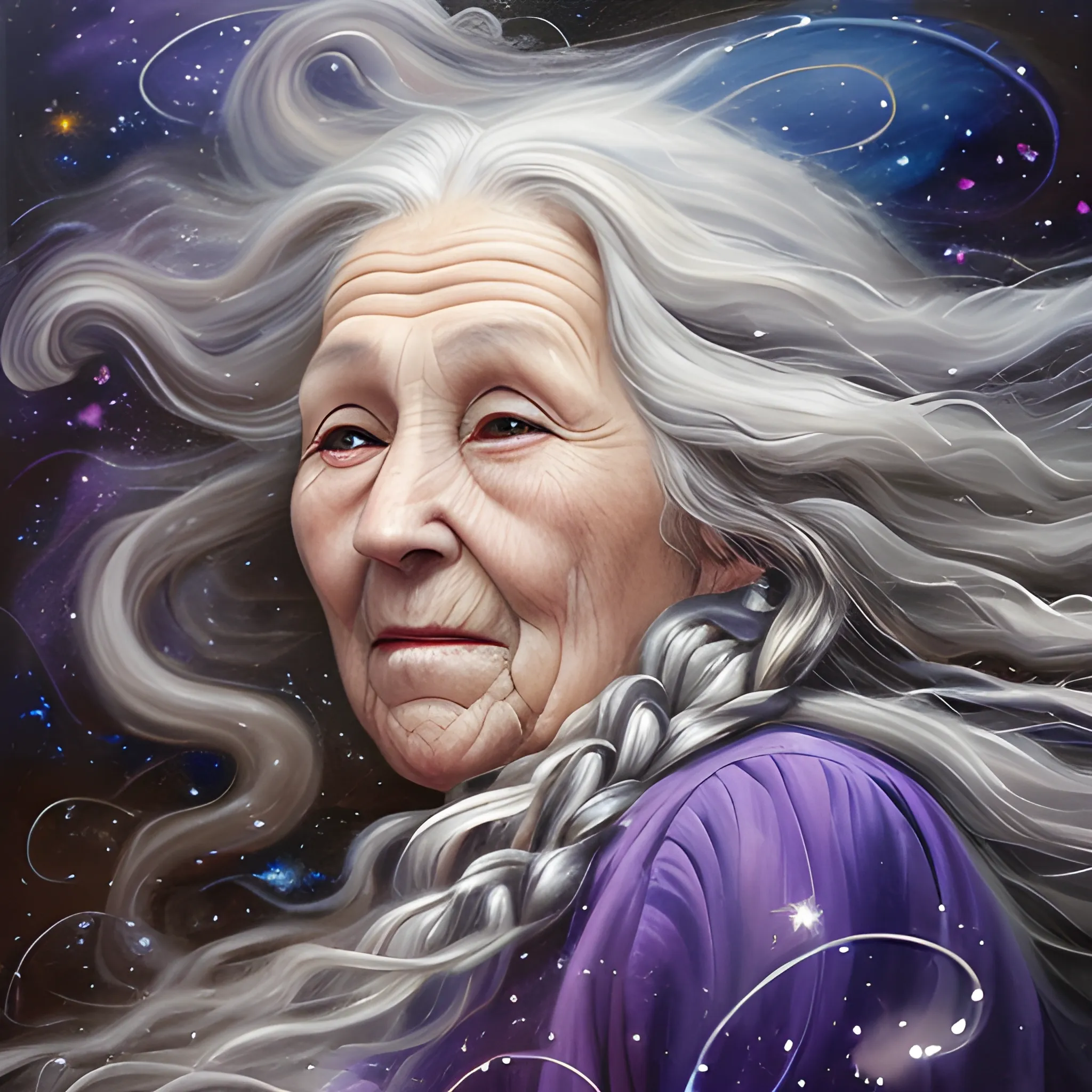 an old woman with long flowing gray hair blowing loosely in the air wrapping curls around butterflies and melding into the galaxy surrounding her, Oil Painting