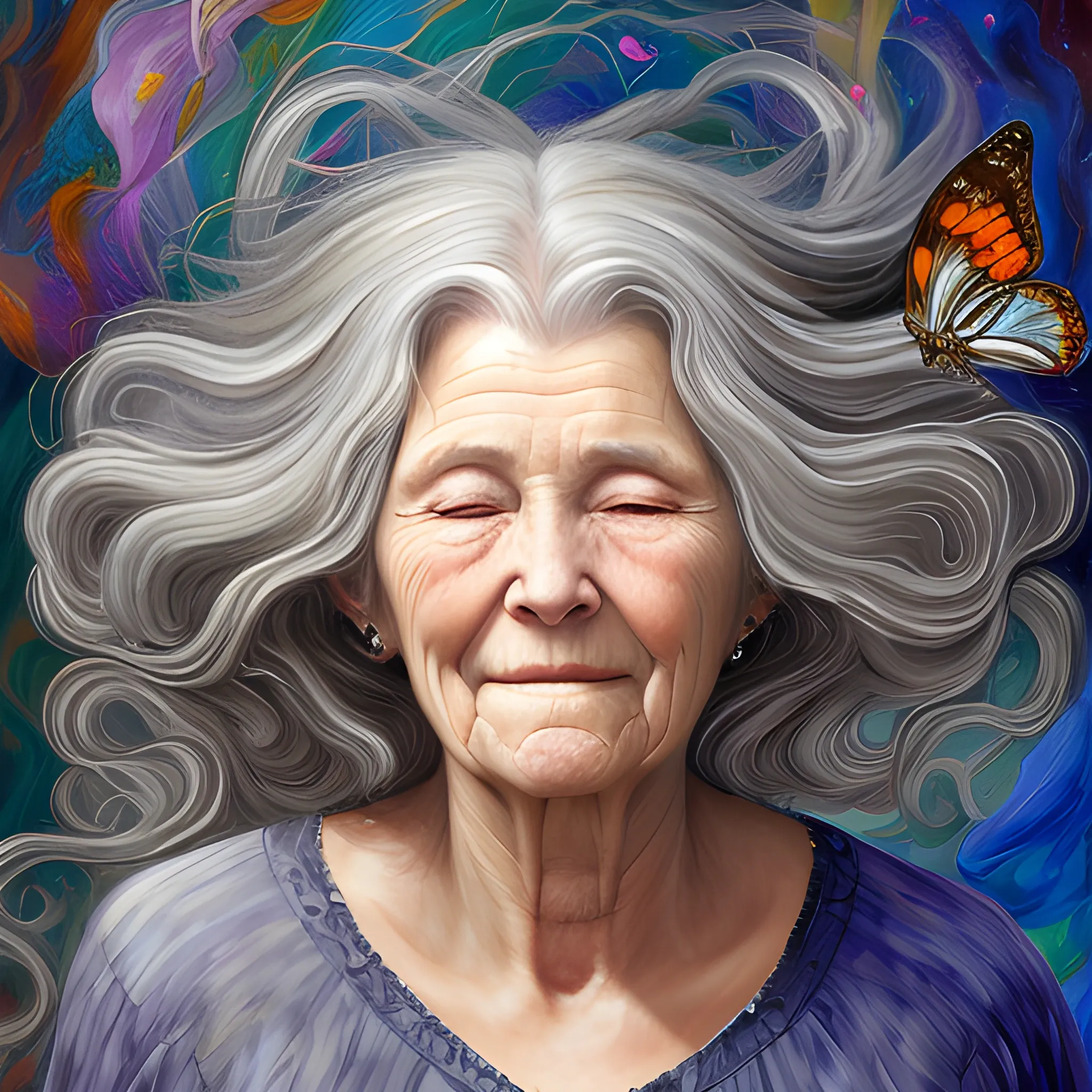 an old woman with long flowing gray hair blowing loosely in the air wrapping curls around butterflies as she melds into the universe around her, Oil Painting