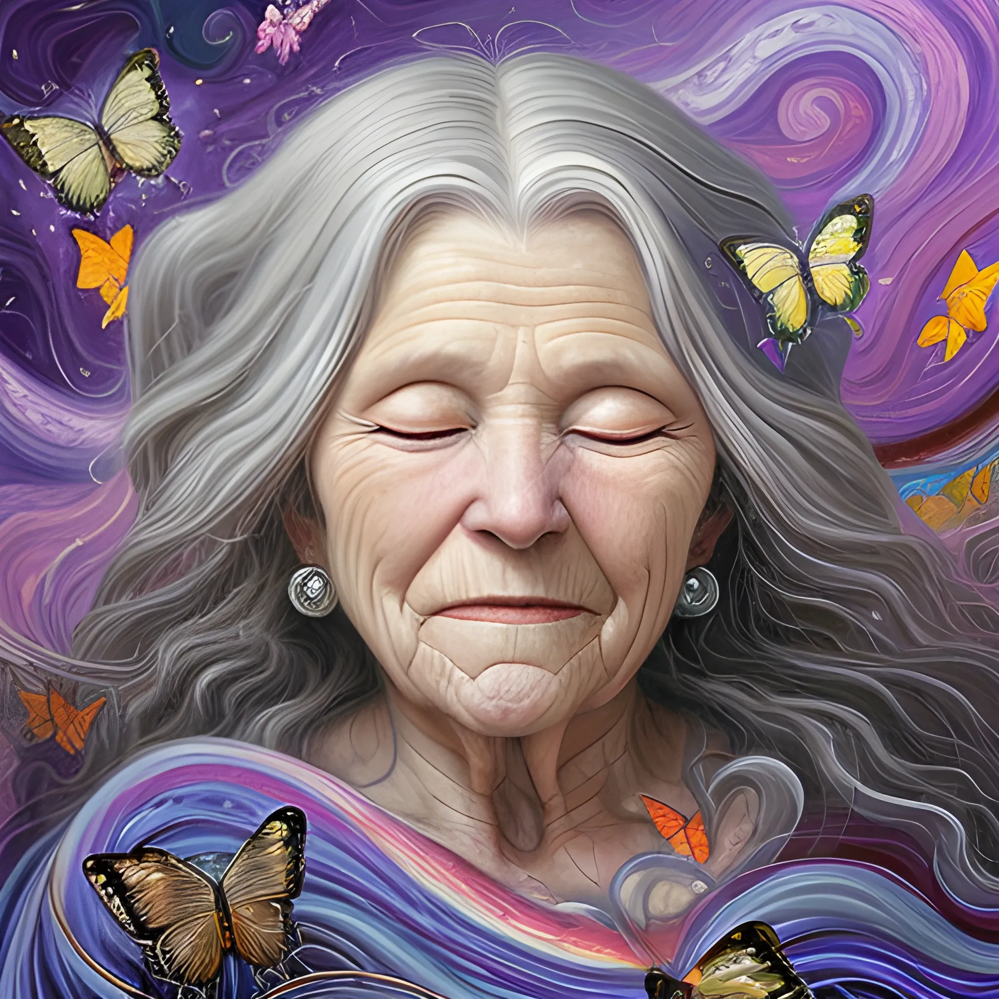 an old woman with long flowing gray hair blowing loosely in the air wrapping curls around butterflies as she melds into the universe around her, Oil Painting, Trippy