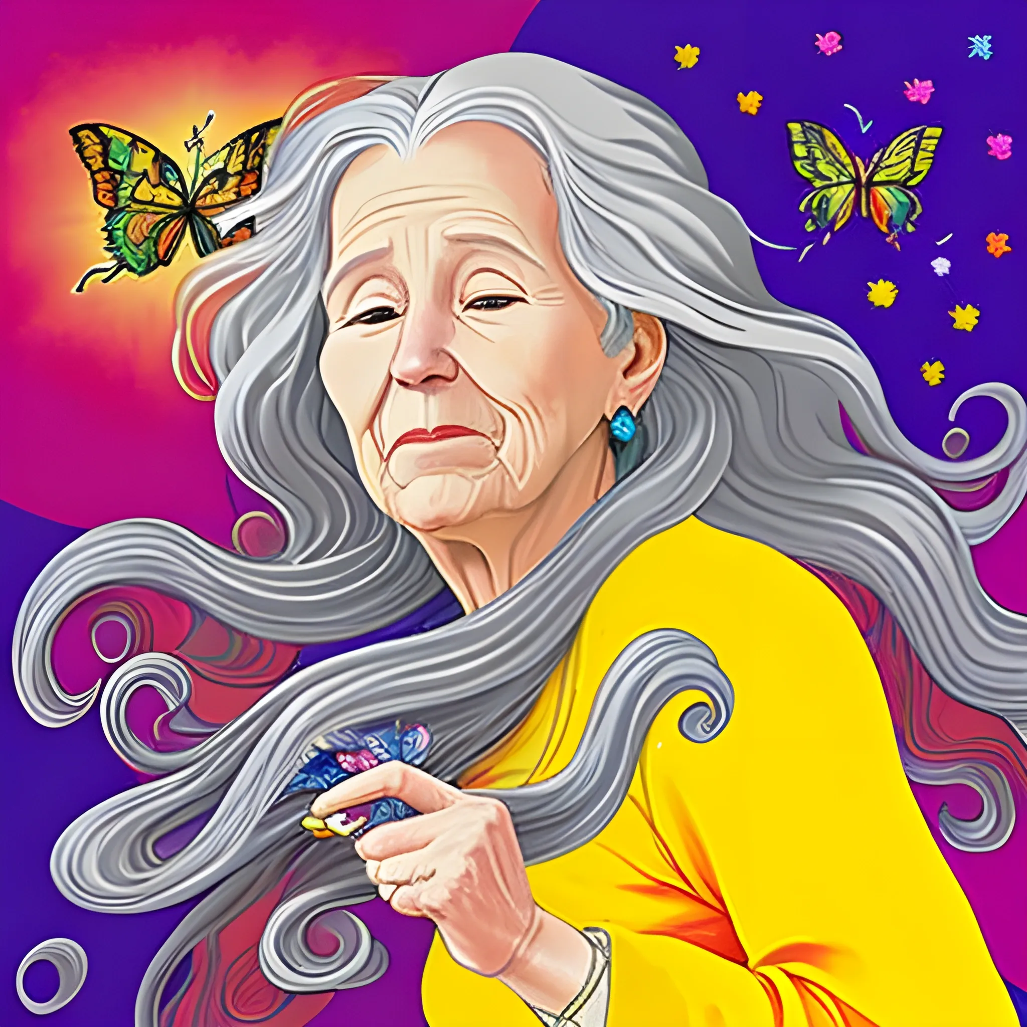 an old woman with long flowing gray hair blowing loosely in the air wrapping curls around butterflies as she melds into the universe around her, in peter max style