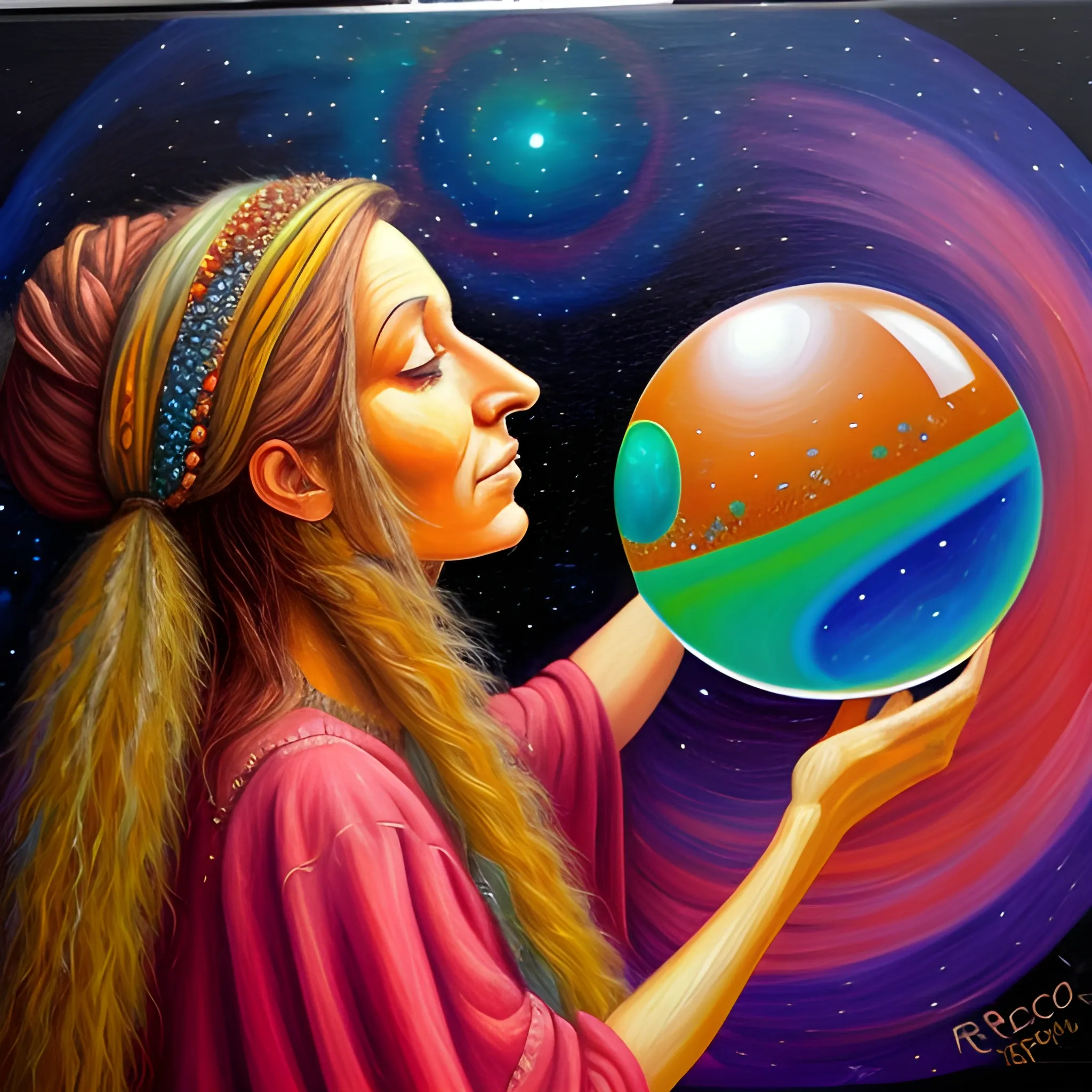 a hippie woman looking at her crystal ball and seeing the meaning of the universe, rococco style, Oil Painting