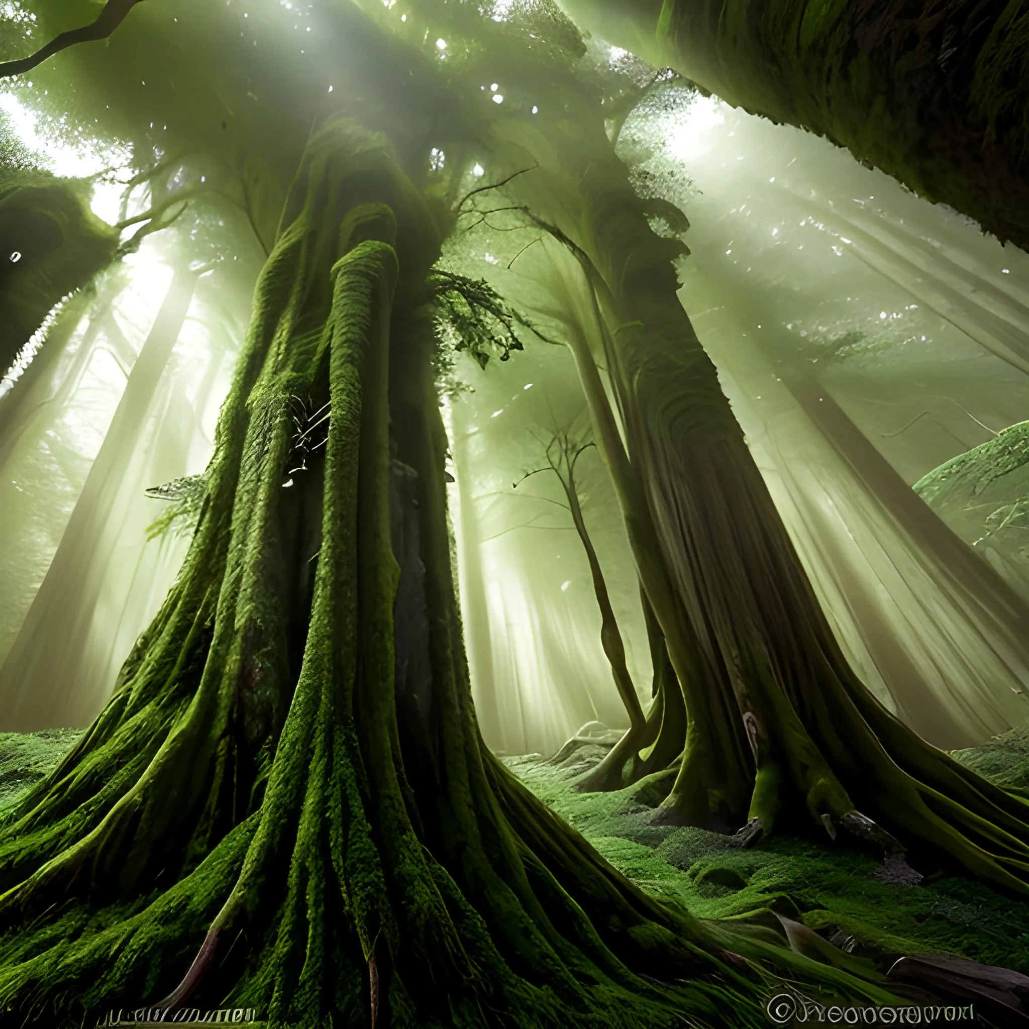 An awe-inspiring ancient forest with towering trees reaching tow ...