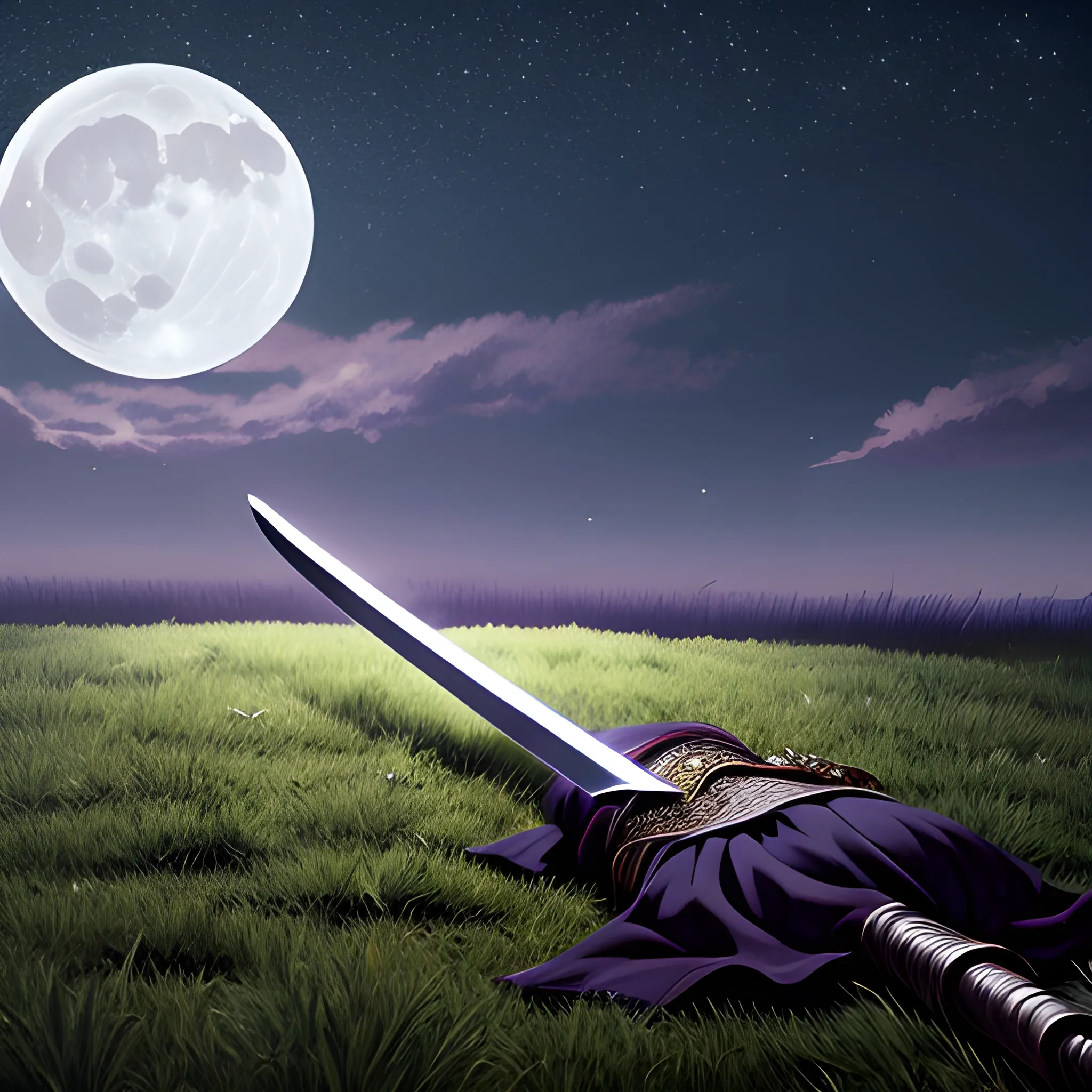 Far View Of Moonlit Field With Sword Lying Flat On The Ground A