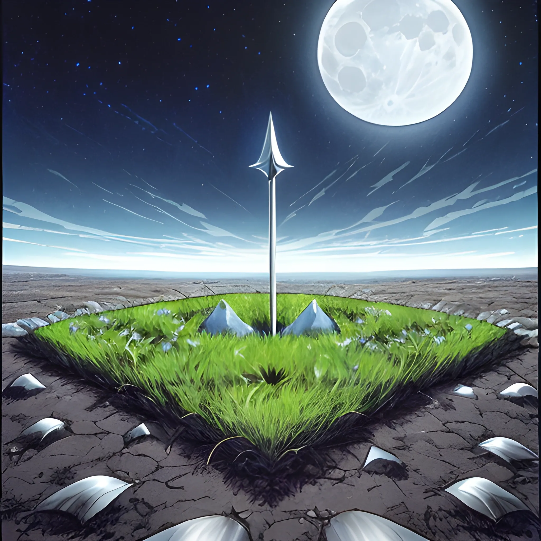 far view of Moonlit field with Excalibur lying flat on the ground, Anime