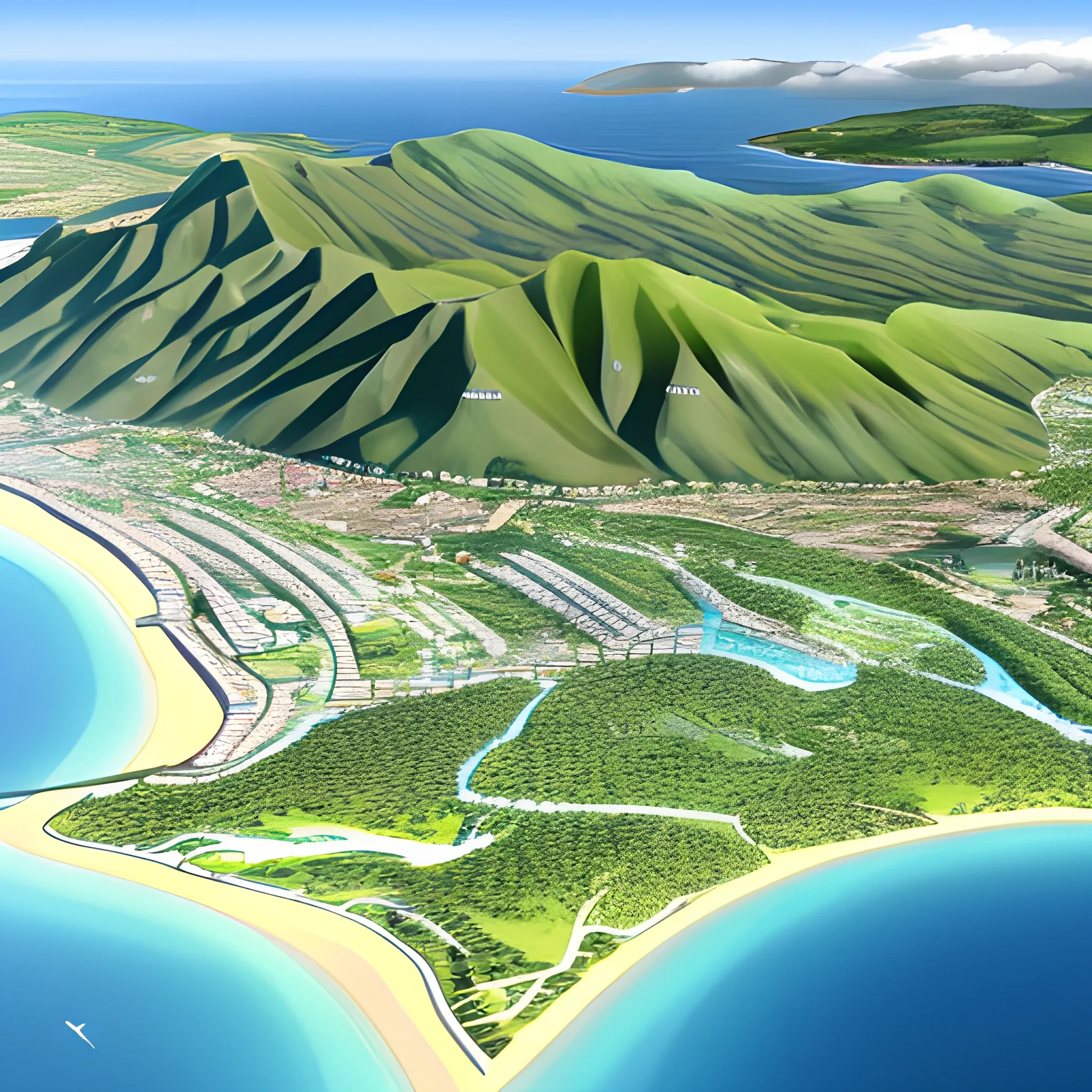 hi definition virtual map of coastline with beaches bays small villages and clouds
