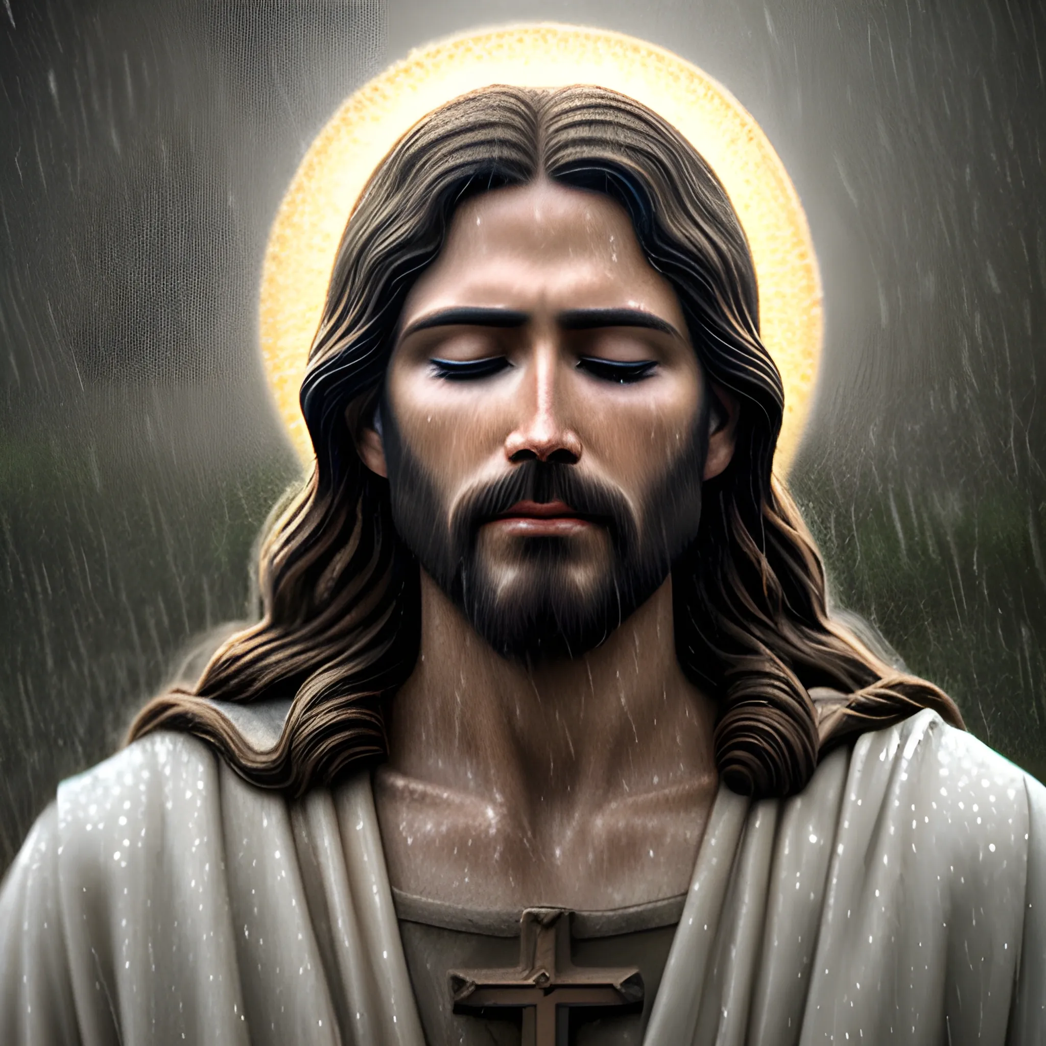 serene jesus christ in the rain, realistic, 4k, bright light face, close eyes