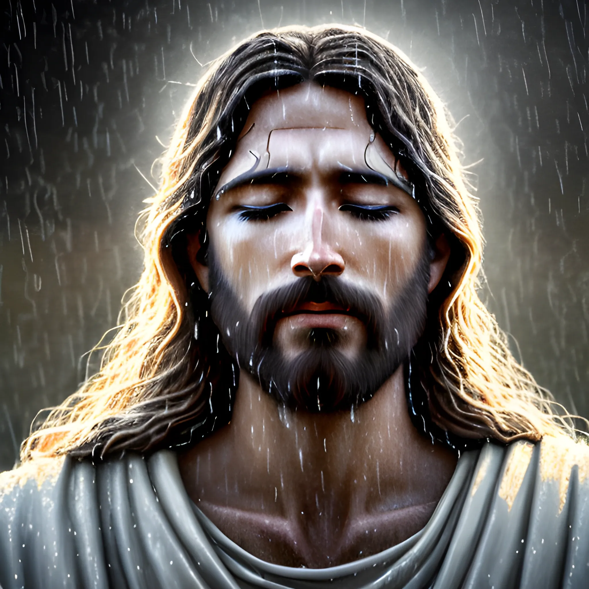 serene jesus christ in the rain, realistic, 4k, bright light fac ...