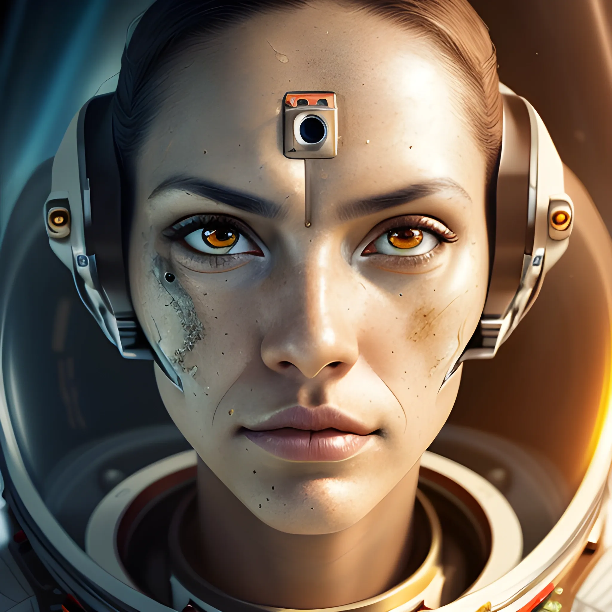 A beautiful astronaut cyborg Mars, Latina woman, long legs, science fiction, full length, detailed eyes, hyperdetailed face, complex, symmetrical face, sharp focus, perfect, model, close-up, textured, looking into the camera, science fiction, chiaroscuro, professional make-up, realistic, rough, gritty, figure in frame, perfect light