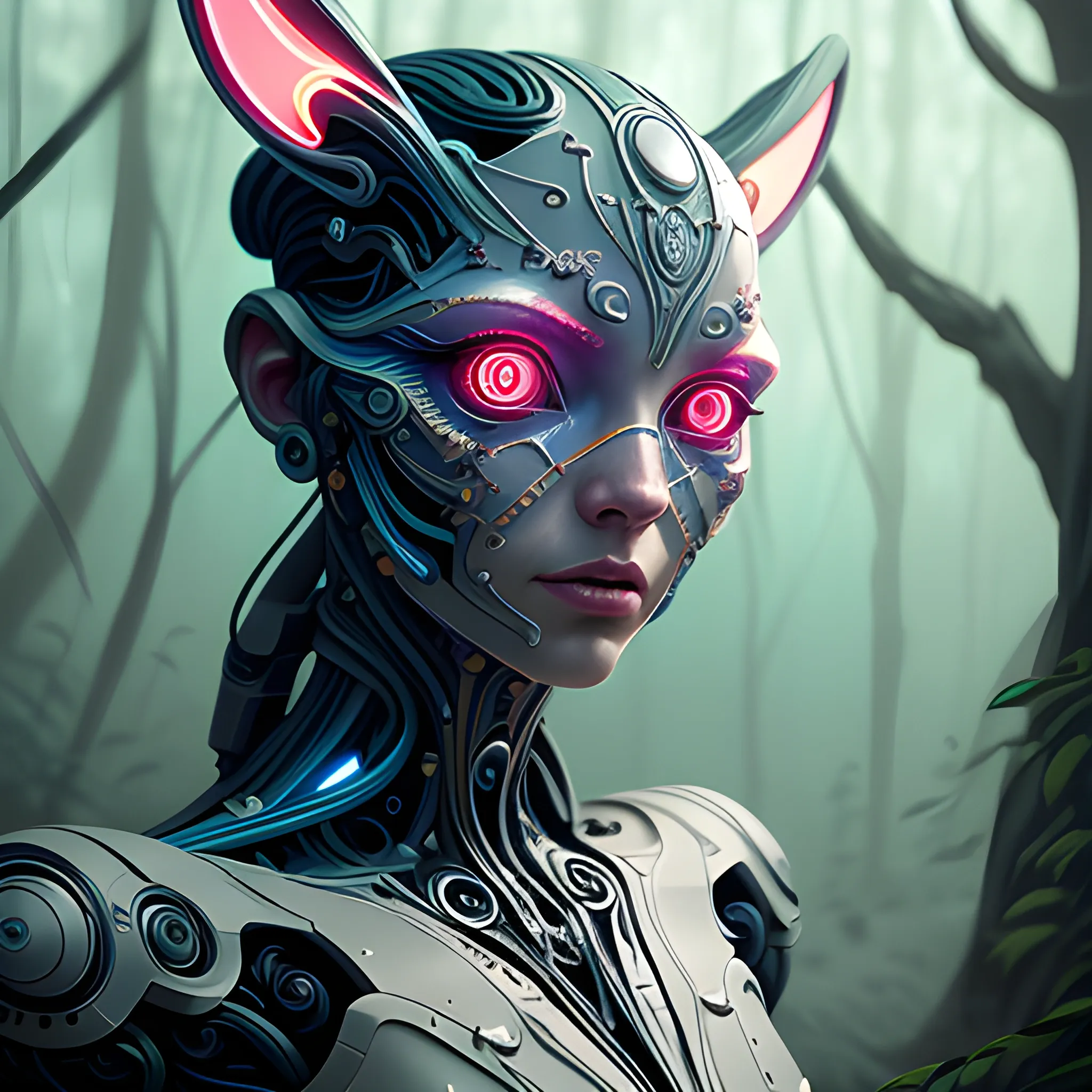 close up, A cyborg forrest nymph emerging from nature, intricate, glowing magical eyes, energy trails, elegant, highly detailed, digital painting, artstation, concept art, smooth, sharp focus, illustration, art by tristan eaton and sachin teng, Whimsical, vibrant colors, trending on artstation, glamour, high quality model, pixiv contest winner, deviantart, character design, by pascal blanche rutkowski repin artstation hyperrealism, cinematic illumination, amazing lighting, (masterpiece:1.4), best quality, high quality, highres, detail enhancement, 32k, hdr, Uhd, sharp focus, ultra detailed, ((best quality), absurdres