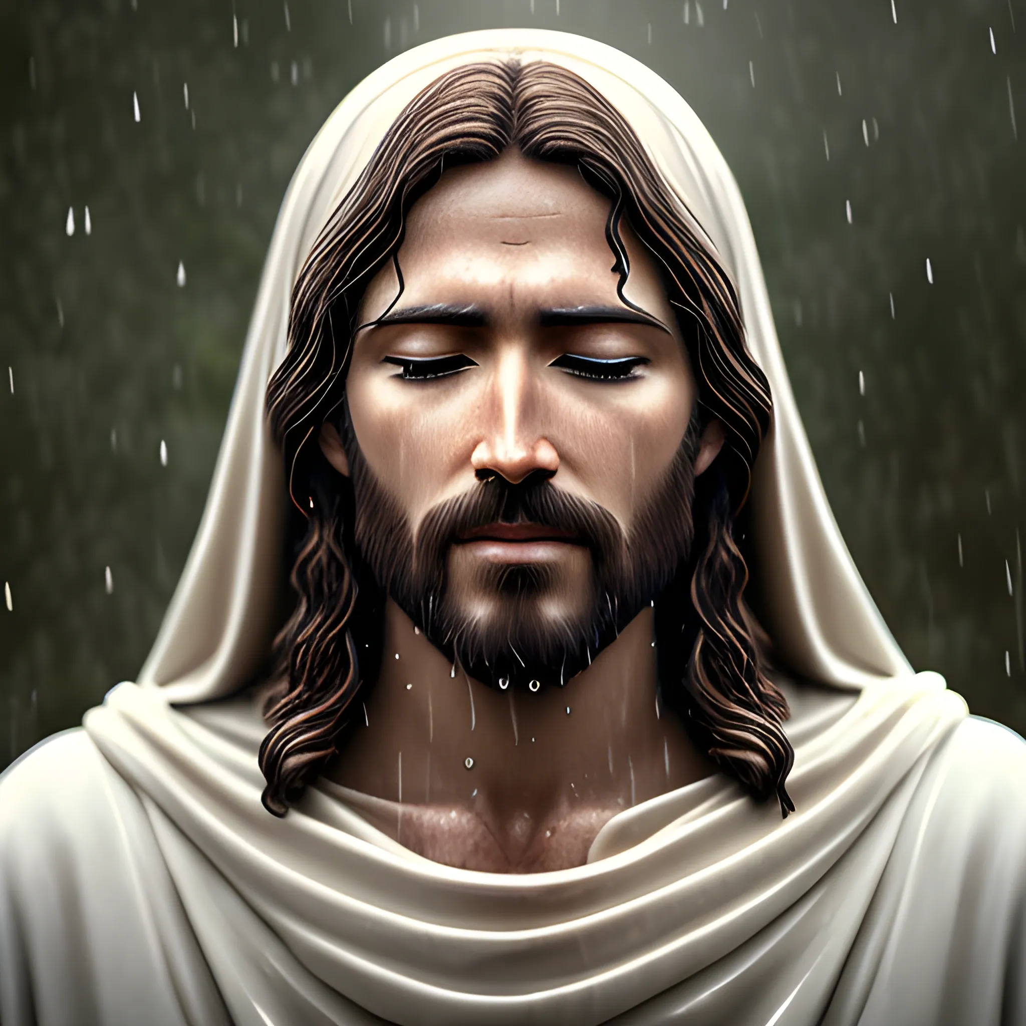 serene jesus christ in the rain, realistic, 4k, bright light face, close eyes