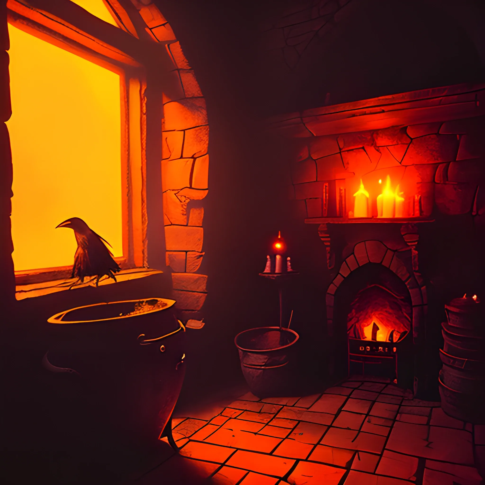 A group of witches gather at a smoky creepy-looking room around a boiling caldron. A dimmed red-orange colored light glows in the caldron. Walls made of cobbled stone. Spider web creeping around the corner of the room. A raven is standing on the window.