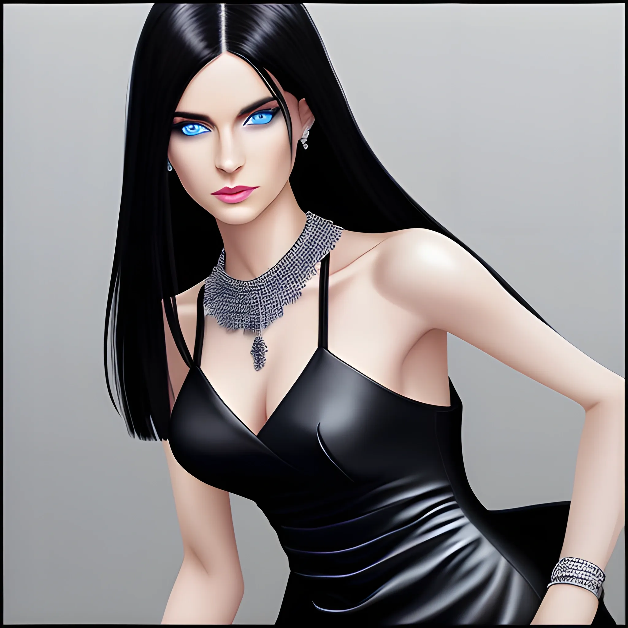 woman, blue eyes, black straight hair, six pack, black elegant dress, black heels, silver bangles, silver necklace, photorealistic