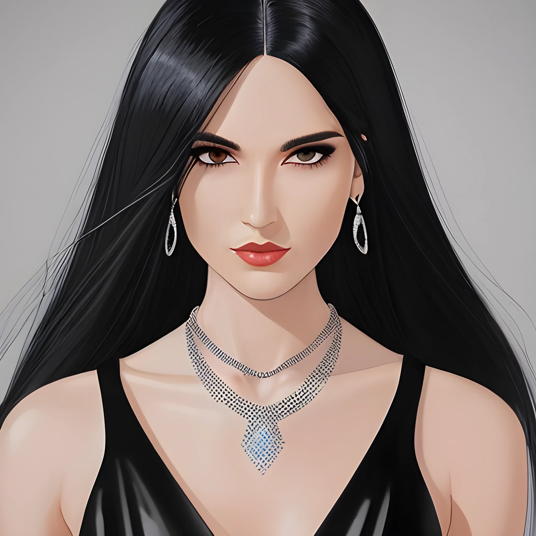 woman, black straight hair, six pack, black elegant dress, black heels, silver bangles, silver necklace, photorealistic