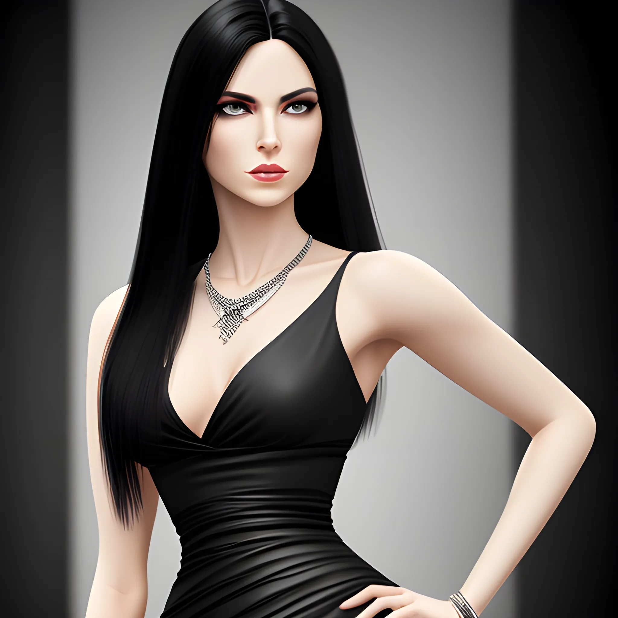 woman, black straight hair, six pack, wide hips, black elegant dress, black heels, silver bangles, silver necklace, photorealistic
