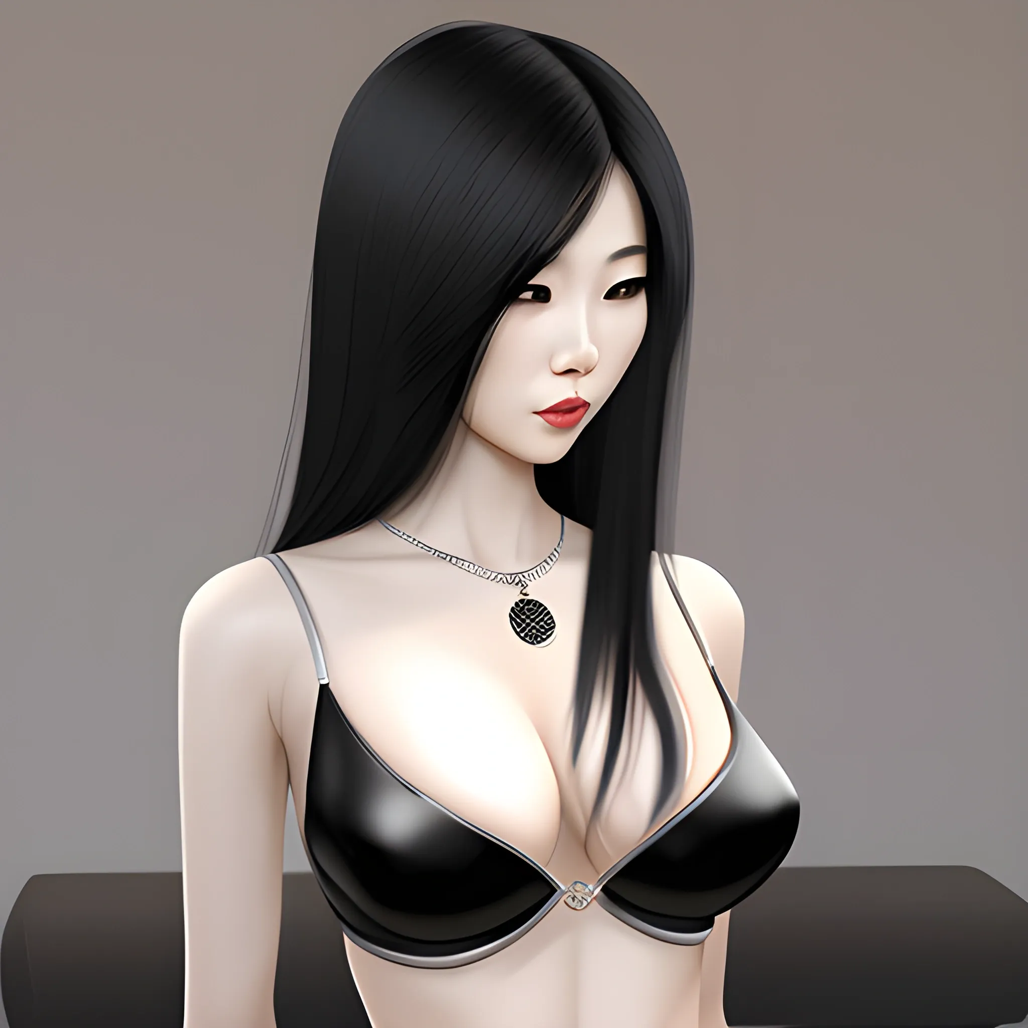 woman, asian factions, black straight hair, D cup breast, six pa 