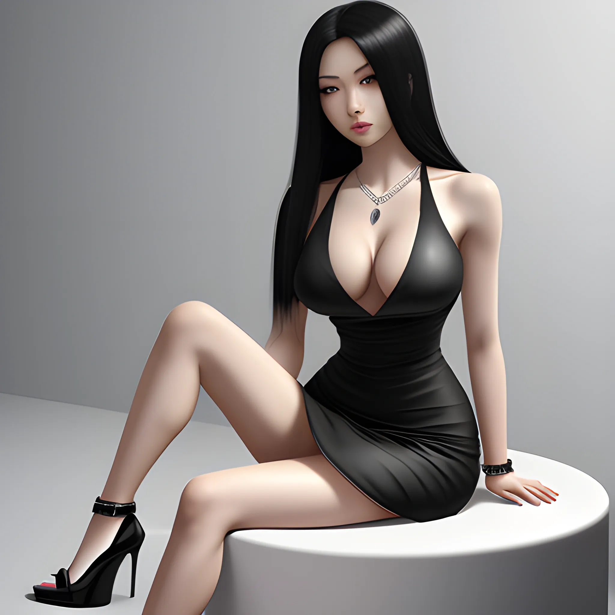 woman, asian factions, black straight hair, D cup breast, six pack, wide hips, black elegant dress, black heels, silver bangles, silver necklace, photorealistic