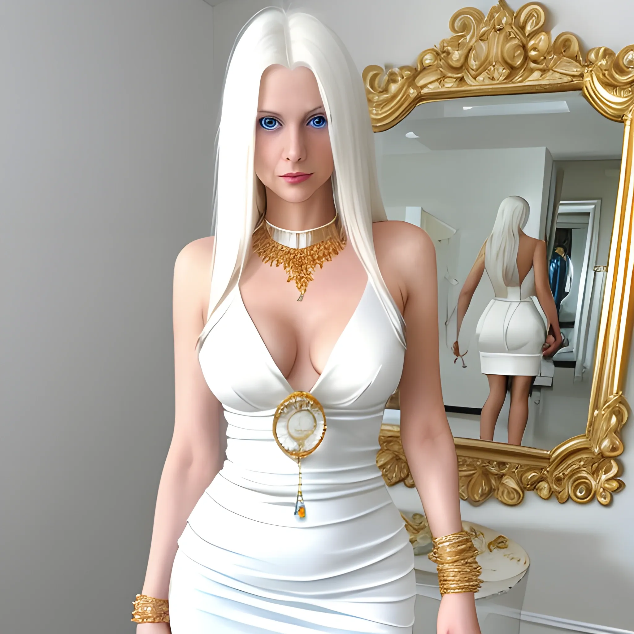 woman, white straight hair, blue eyes, D cup breast, six pack, wide hips, white elegant dress, white heels, gold bangles, gold necklace