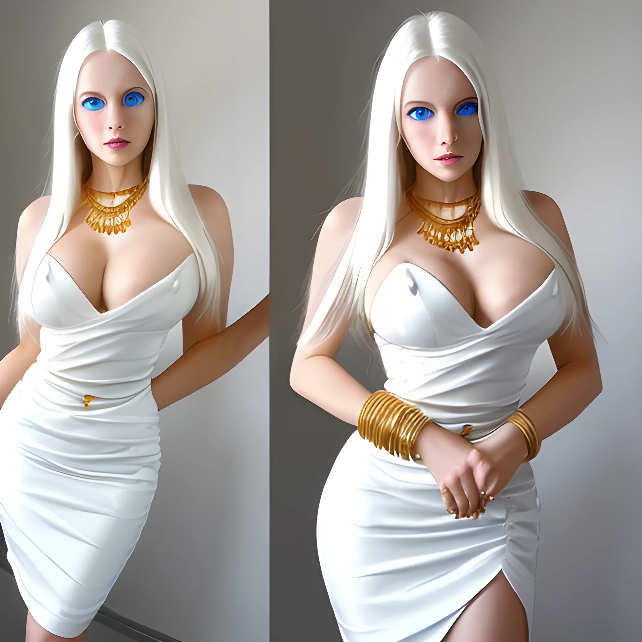 woman, white straight hair, blue eyes, D cup breast, six pack, wide hips, white elegant dress, white heels, gold bangles, gold necklace