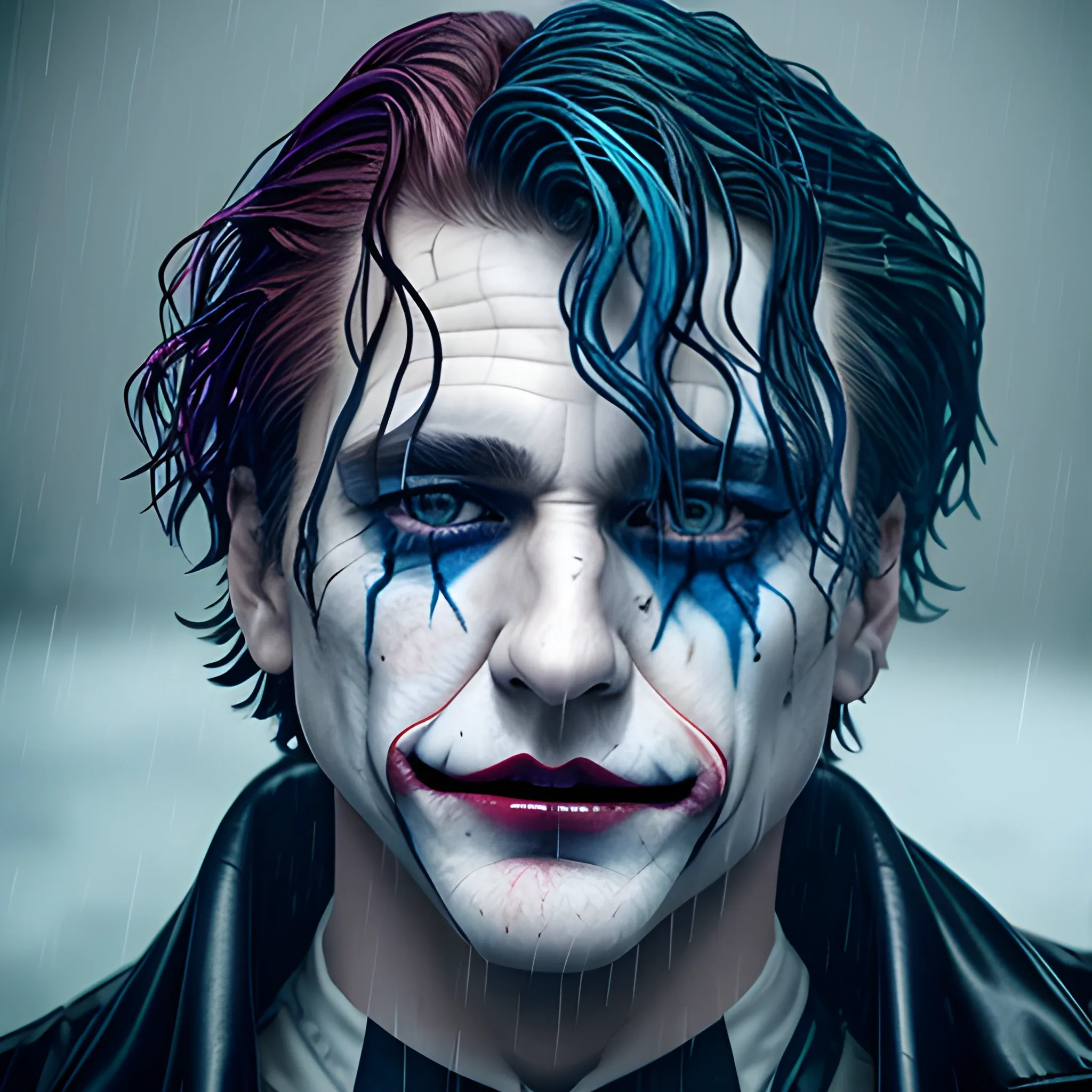 photorealistic image jungkook of btd como of joaquim phoenix as the joker soaked in water, full body, ominous smile, dimmed lighting, blue painted wet hair, wet makeup, evil grim, bokeh lighting