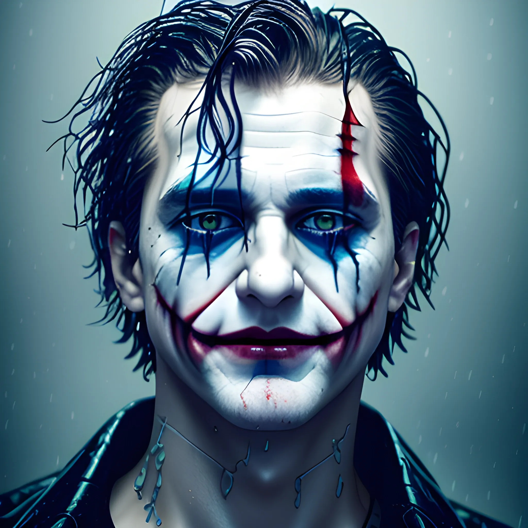 photorealistic image jungkook of bts como of joaquim phoenix as the joker soaked in water, full body, ominous smile, dimmed lighting, blue painted wet hair, wet makeup, evil grim, bokeh lighting