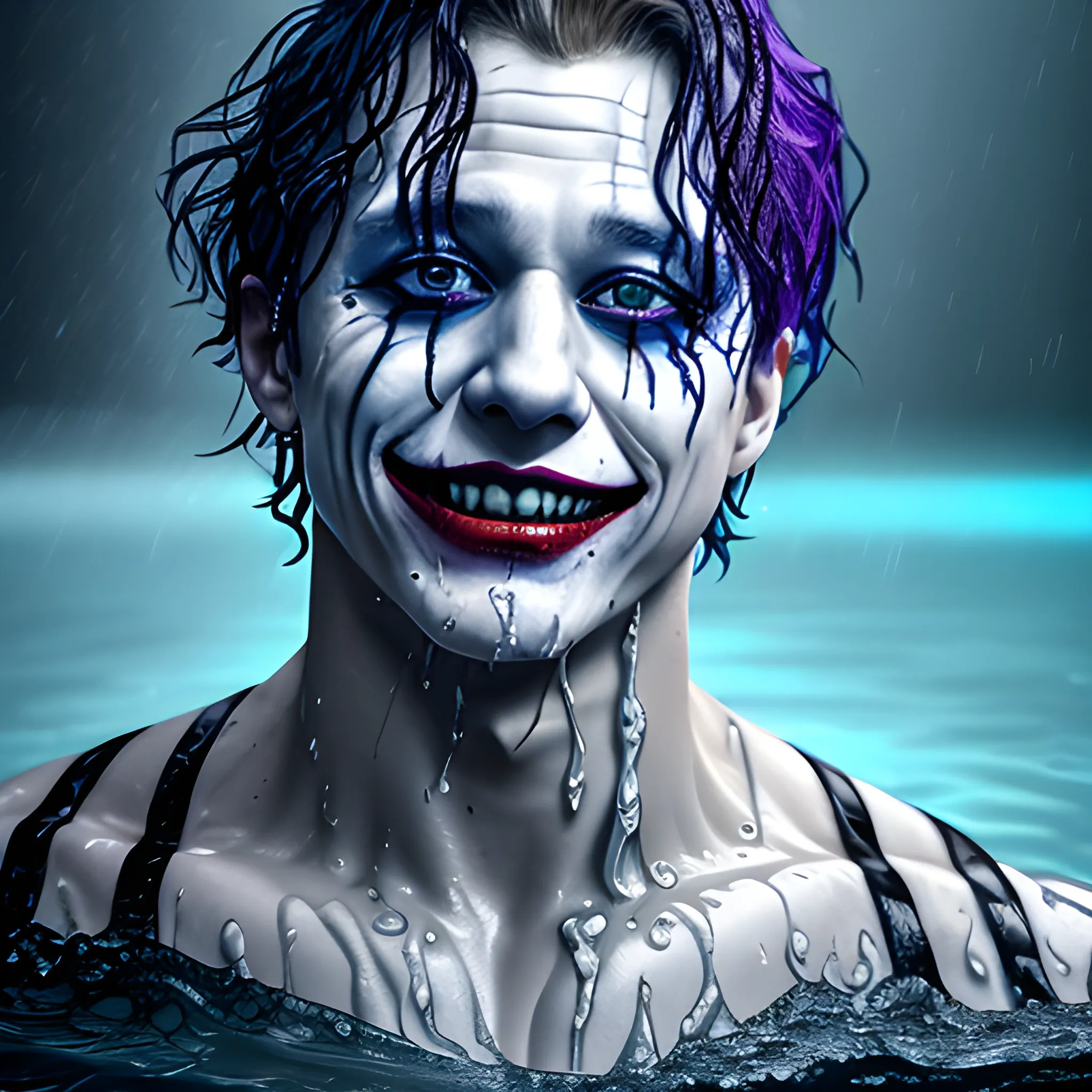 photorealistic image jungkook of bts  as the joker soaked in water, full body, ominous smile, dimmed lighting, blue painted wet hair, wet makeup, evil grim, bokeh lighting