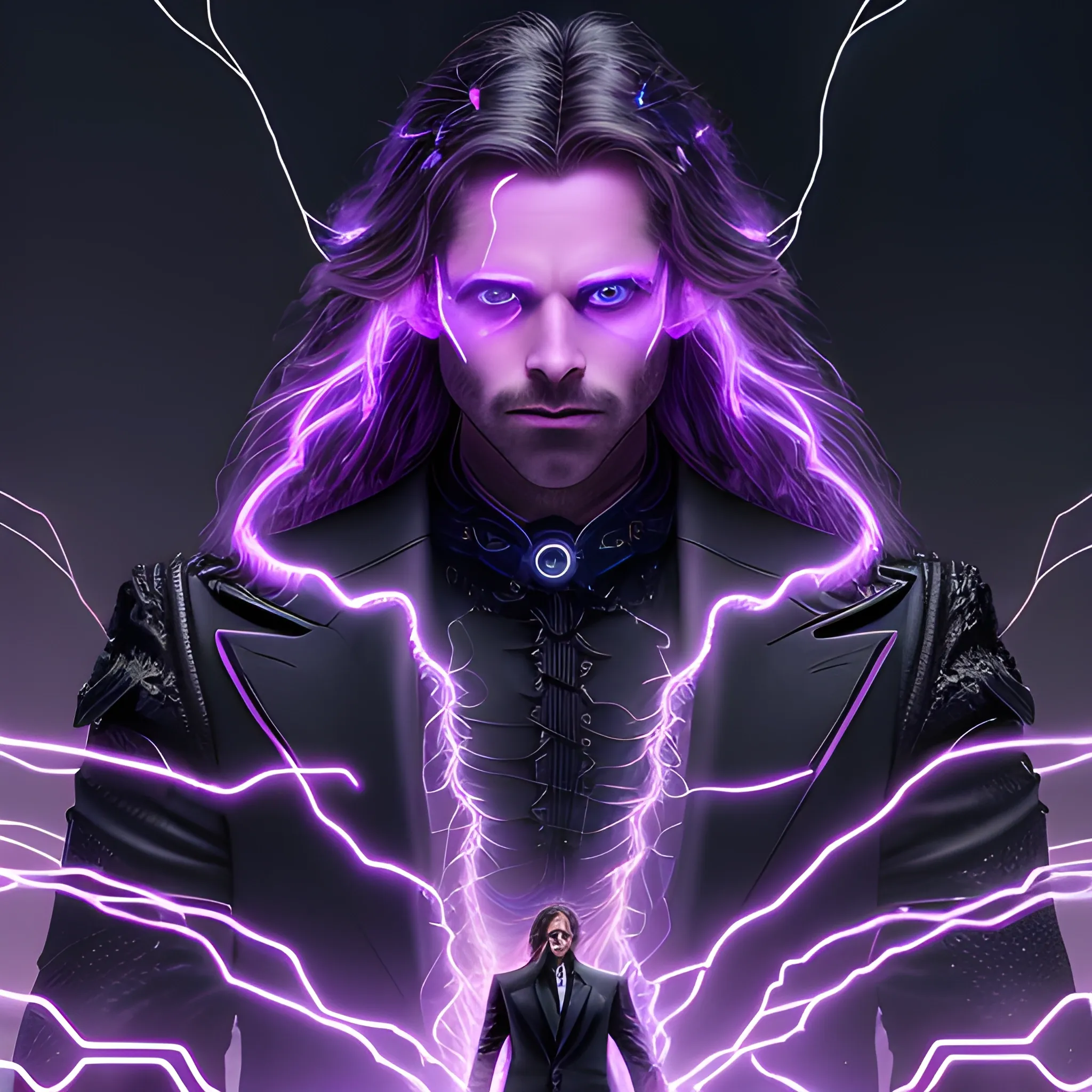 a portrait of a man, glowing eyes, long hair, background lightnings, smog, fantasy, black suit and glowing lights on it, the purple is dominant, elegant, hyperrialistic, ultra detailed, filigree, cable electric wires, feathers, 3/4 view