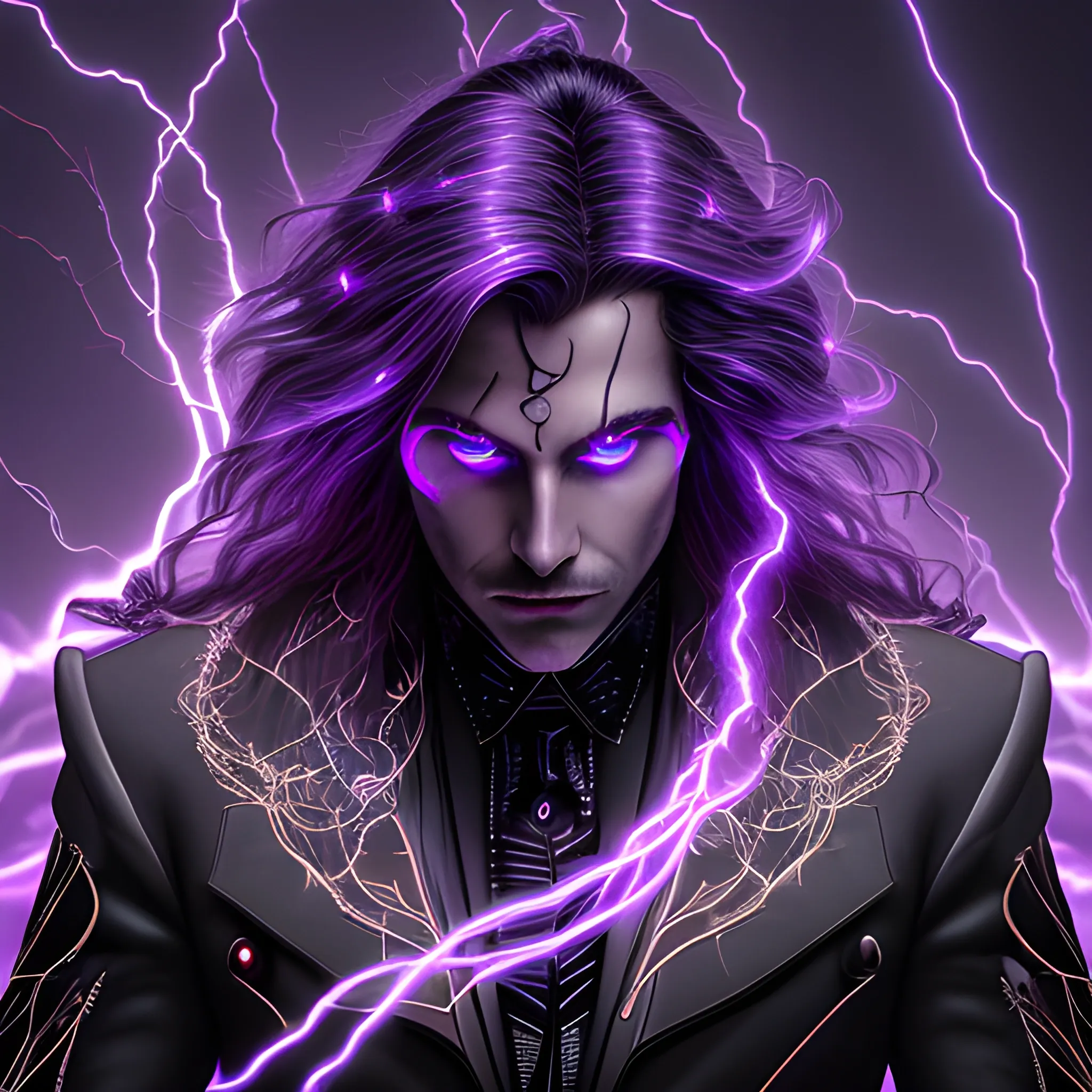 a portrait of a man, glowing eyes, long hair, background lightnings, smog, fantasy, black suit and glowing lights on it, the purple is dominant, elegant, hyperrialistic, ultra detailed, filigree, cable electric wires, feathers, 3/4 view, epic
